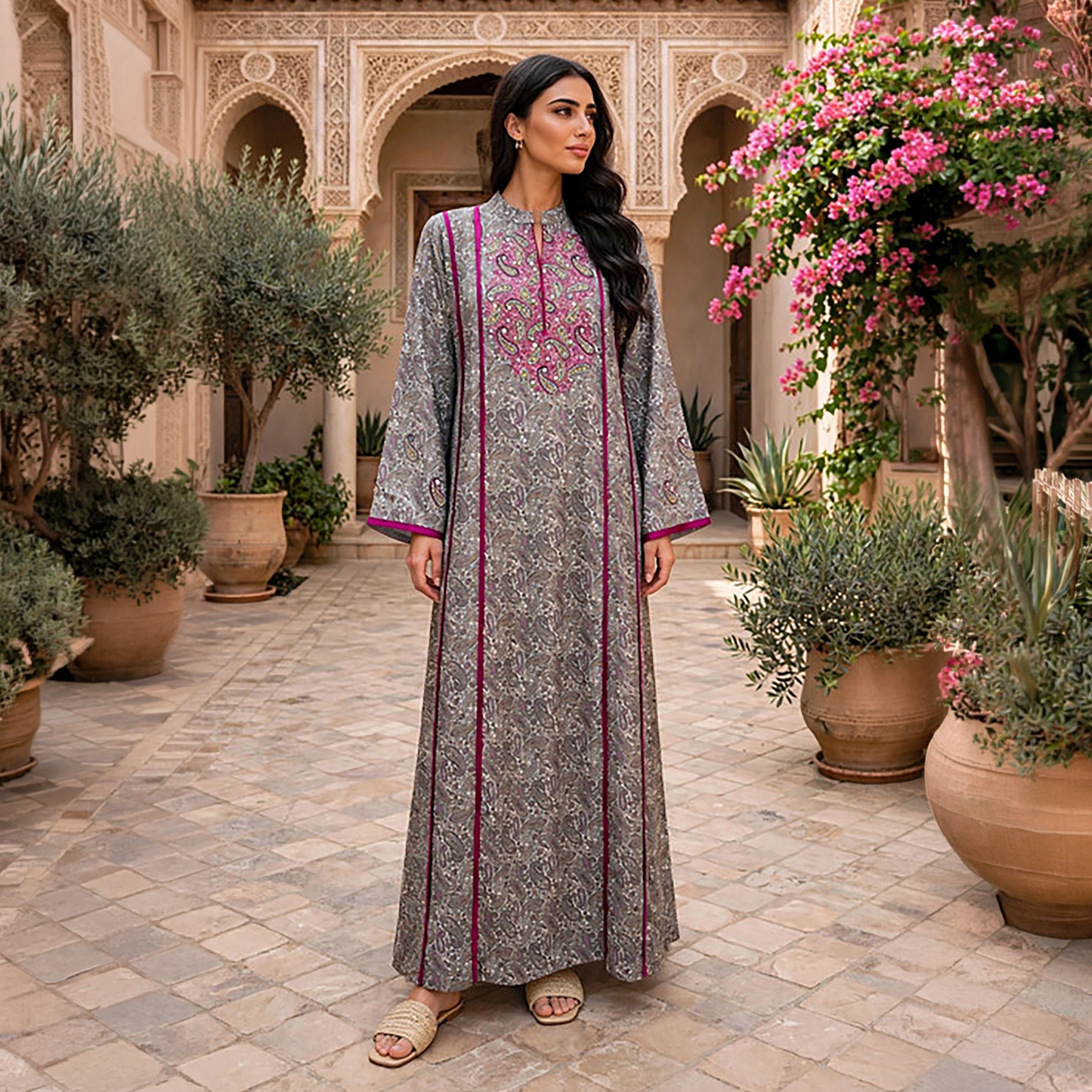 IKKXA All-Over Paisley Print Flared Sleeves Women's Jalabiya-women-arabicclothing-jalabiyas-image-1