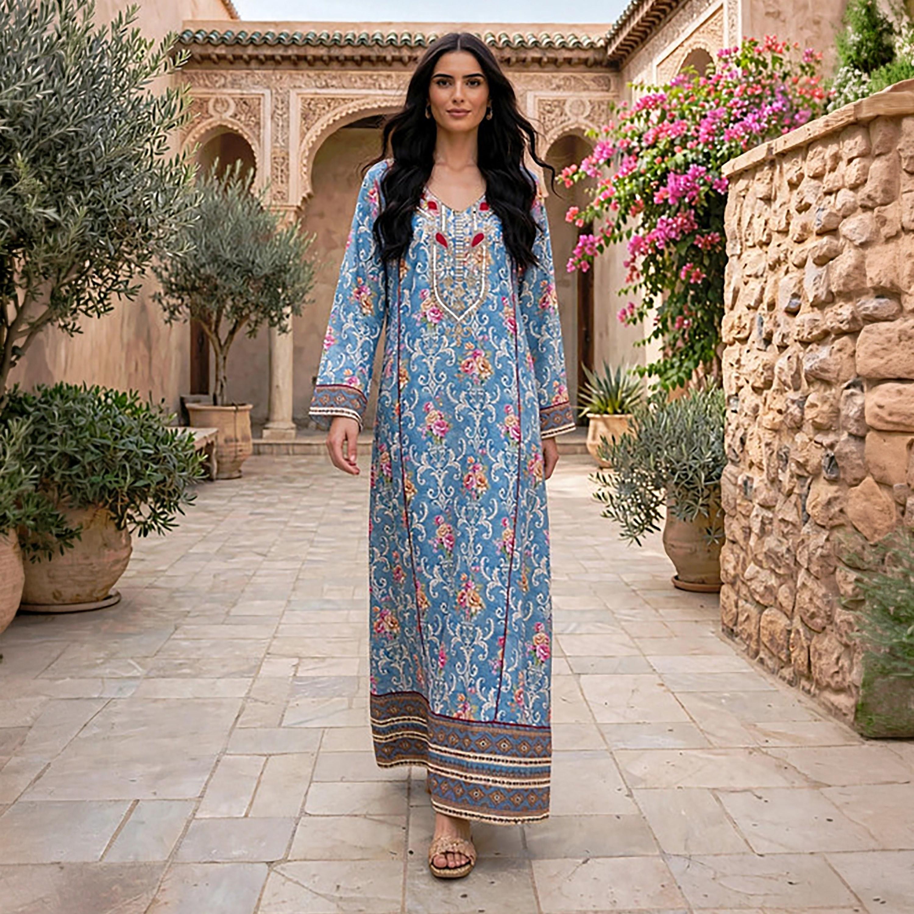 IKKXA Beaded Yoke Floral Vine Print Women's Jalabiya-women-arabicclothing-jalabiyas-image-1