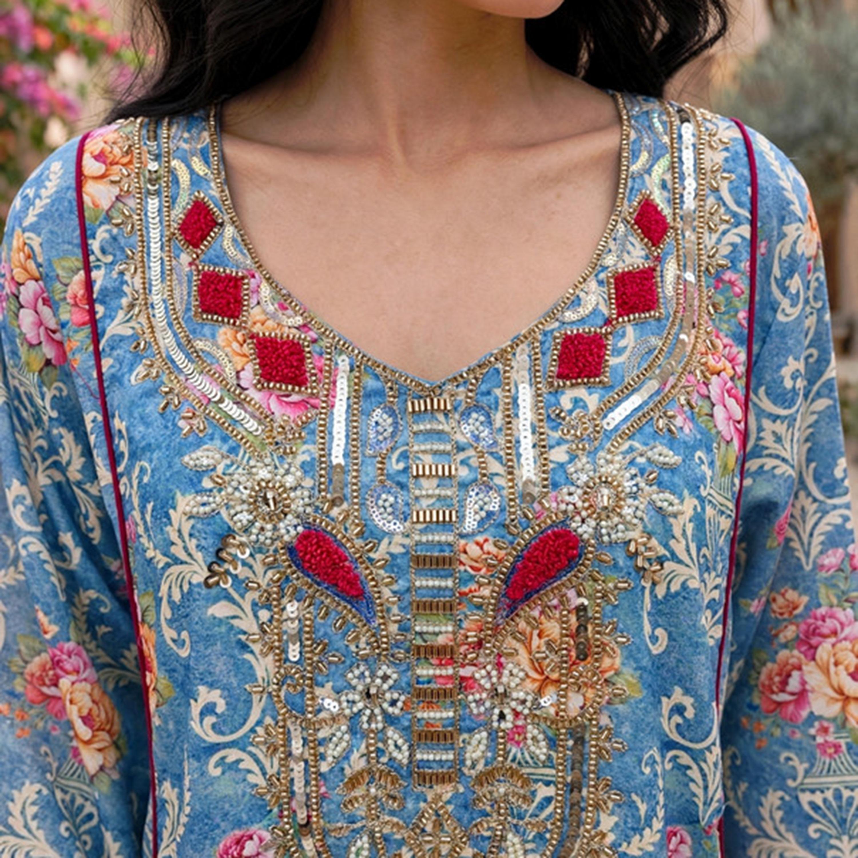 IKKXA Beaded Yoke Floral Vine Print Women's Jalabiya-women-arabicclothing-jalabiyas-image-2