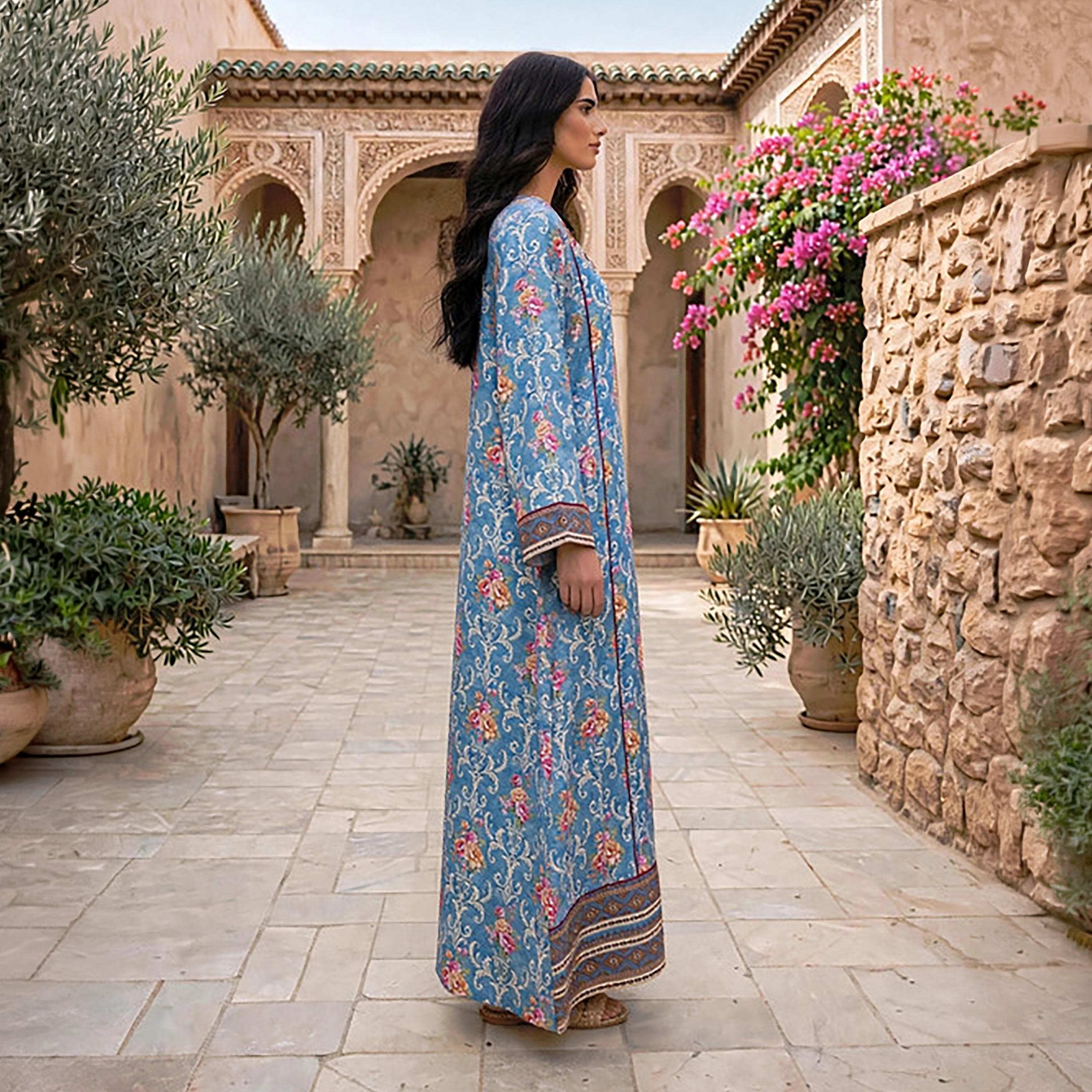 IKKXA Beaded Yoke Floral Vine Print Women's Jalabiya-women-arabicclothing-jalabiyas-image-3