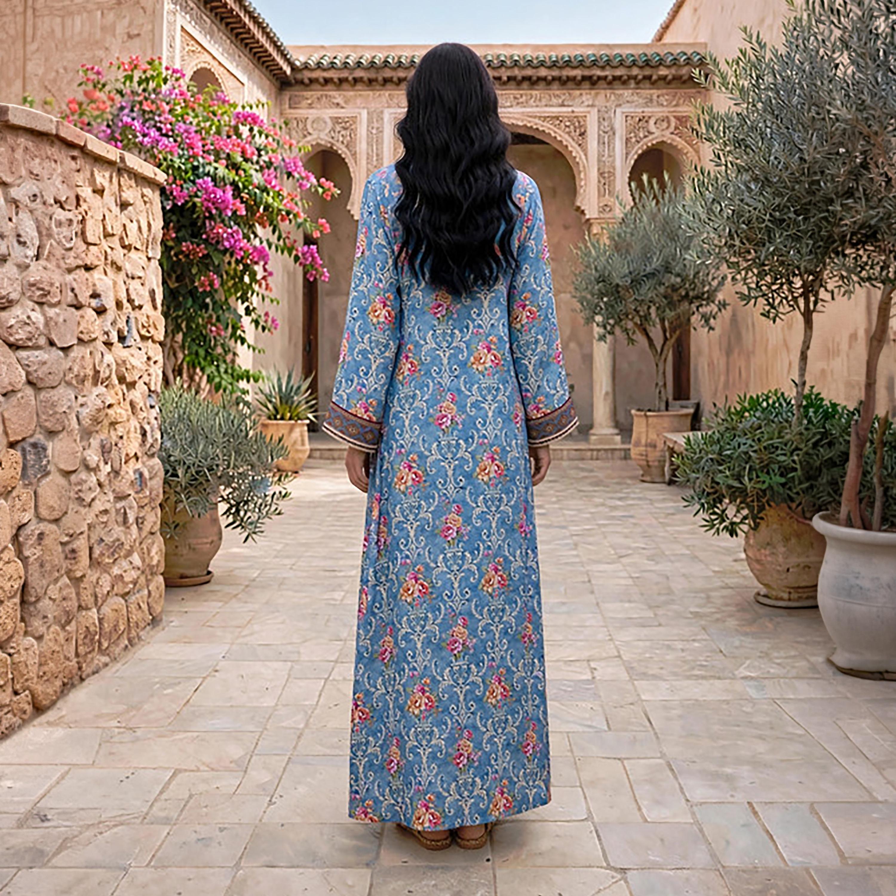 IKKXA Beaded Yoke Floral Vine Print Women's Jalabiya-women-arabicclothing-jalabiyas-image-4