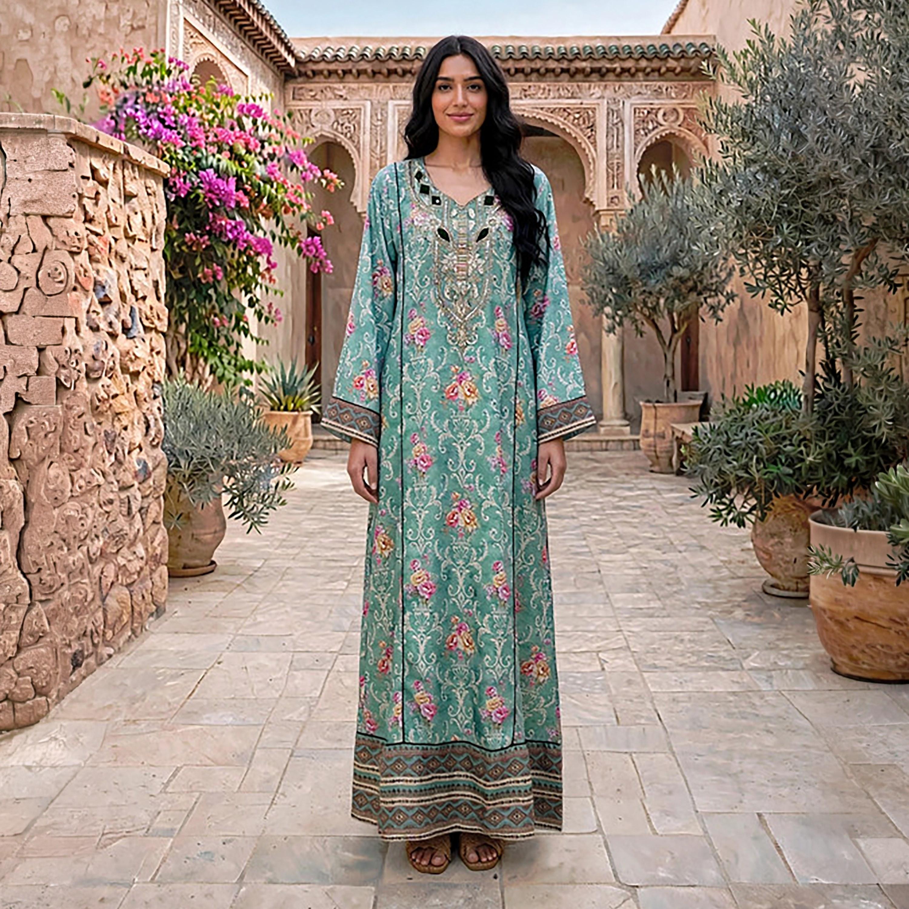 IKKXA Beaded Yoke Floral Vine Print Women's Jalabiya-women-arabicclothing-jalabiyas-image-15