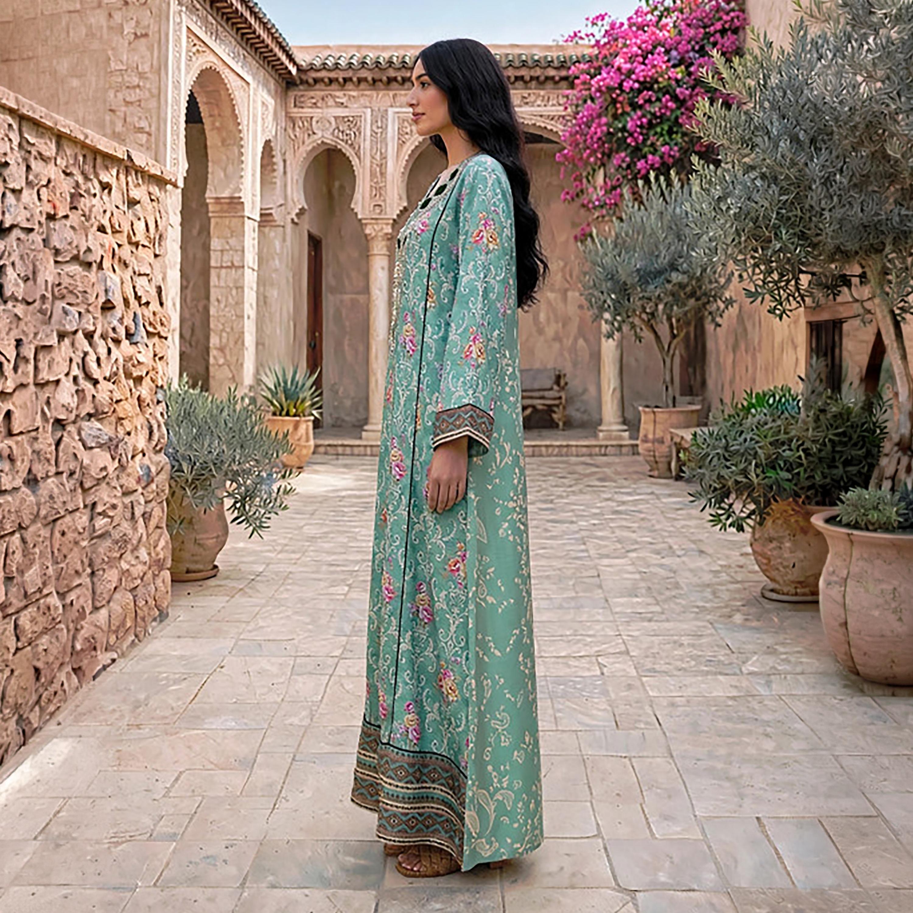 IKKXA Beaded Yoke Floral Vine Print Women's Jalabiya-women-arabicclothing-jalabiyas-image-17