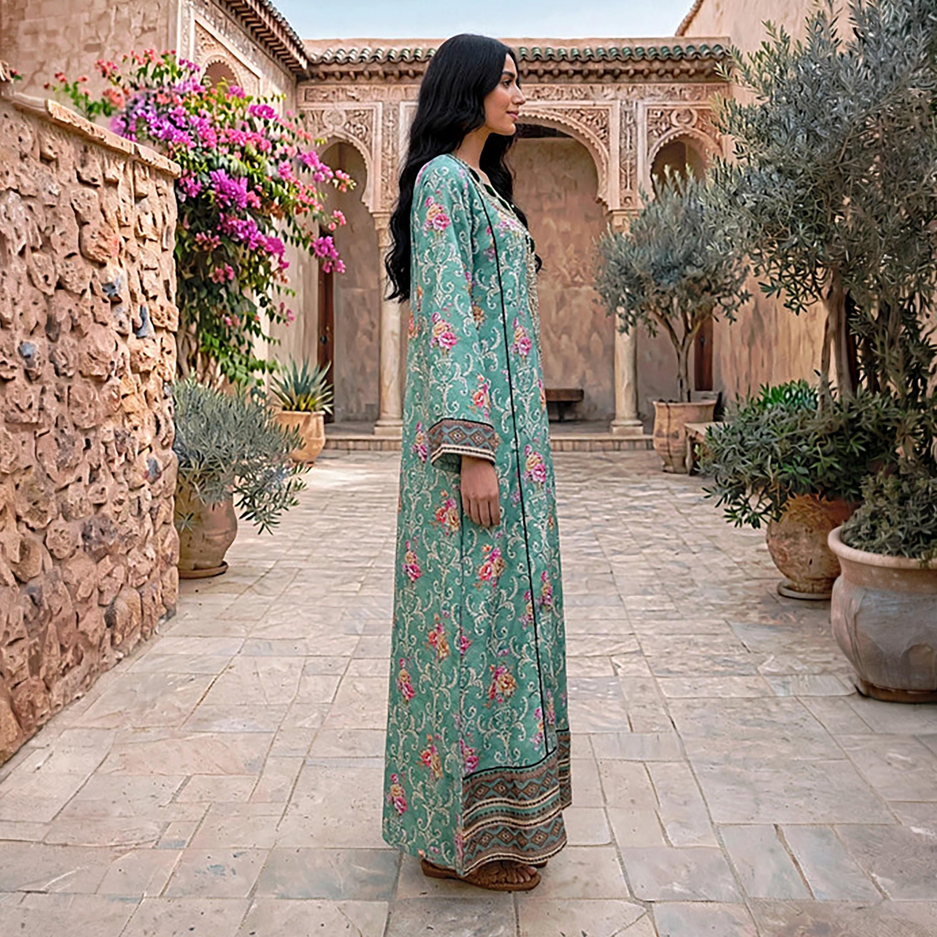 IKKXA Beaded Yoke Floral Vine Print Women's Jalabiya-women-arabicclothing-jalabiyas-image-18