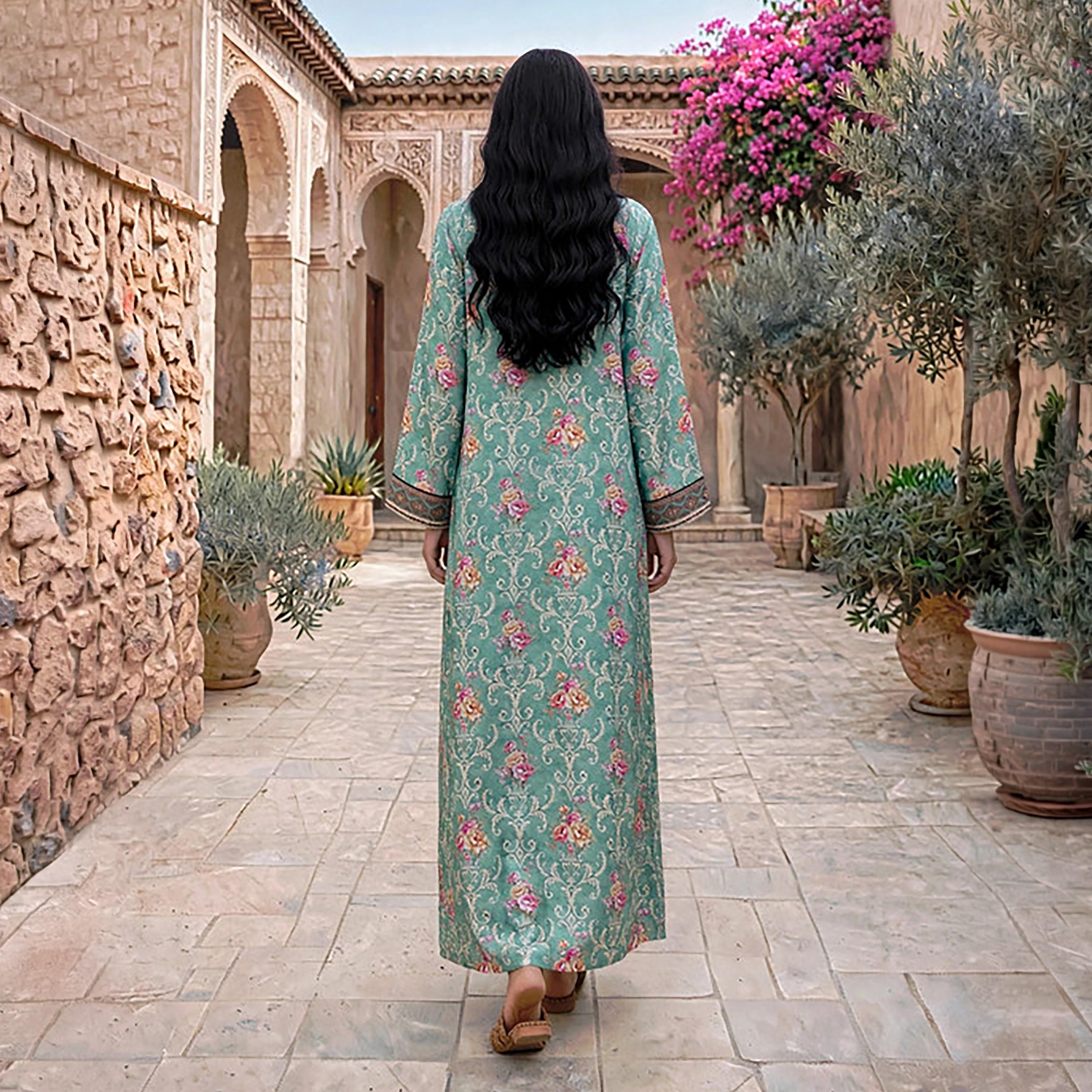 IKKXA Beaded Yoke Floral Vine Print Women's Jalabiya-women-arabicclothing-jalabiyas-image-19
