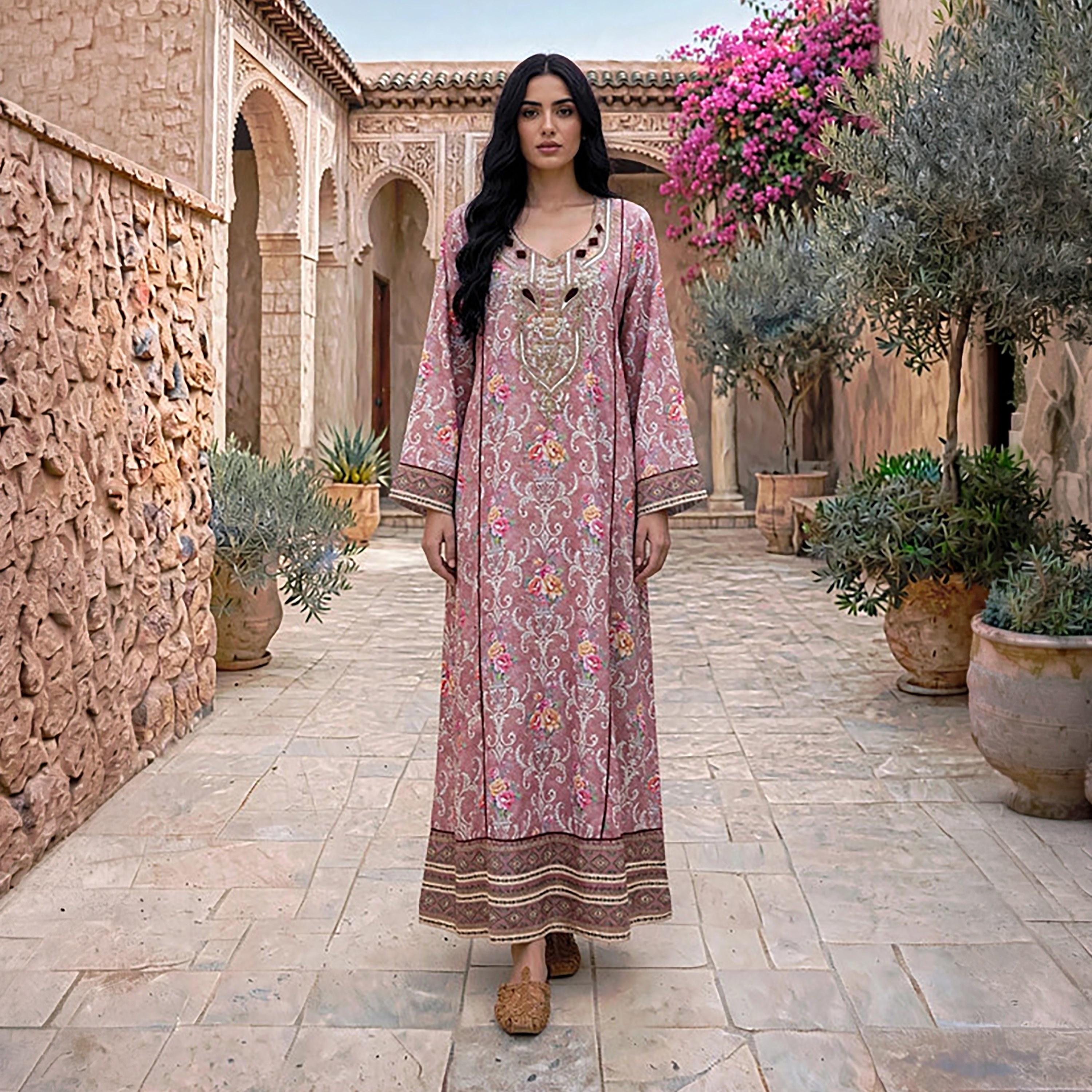 IKKXA Beaded Yoke Floral Vine Print Women's Jalabiya-women-arabicclothing-jalabiyas-image-10