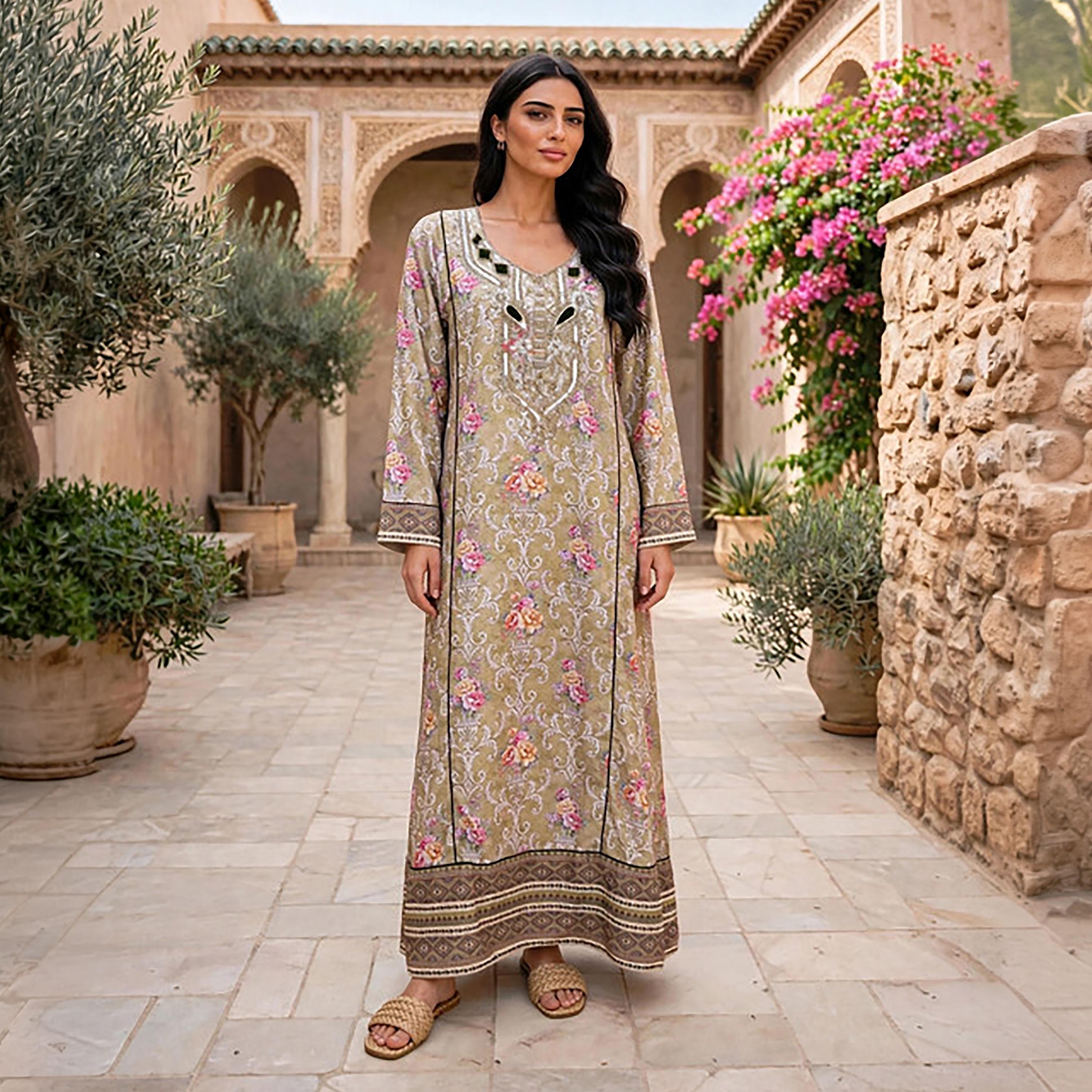 IKKXA Beaded Yoke Floral Vine Print Women's Jalabiya-women-arabicclothing-jalabiyas-image-5