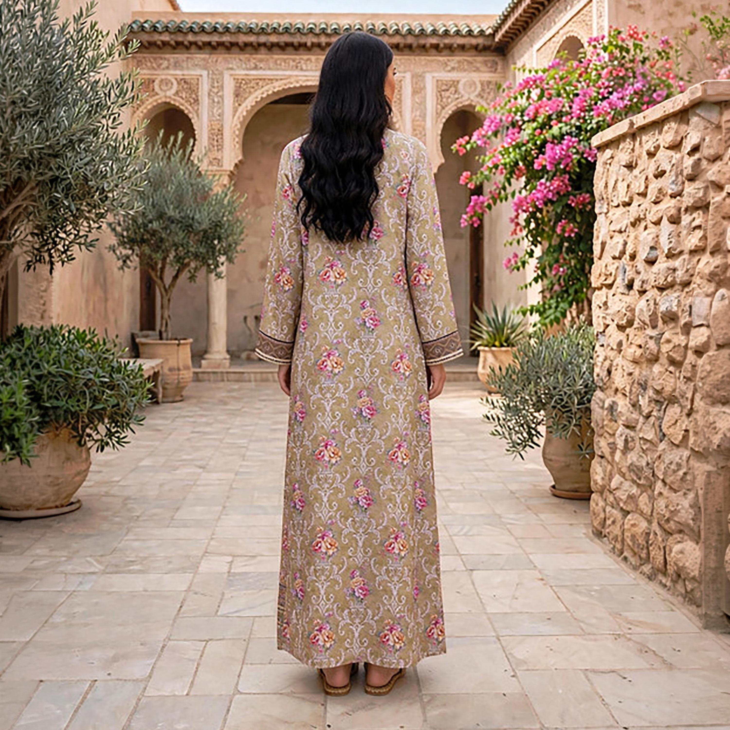 IKKXA Beaded Yoke Floral Vine Print Women's Jalabiya-women-arabicclothing-jalabiyas-image-9