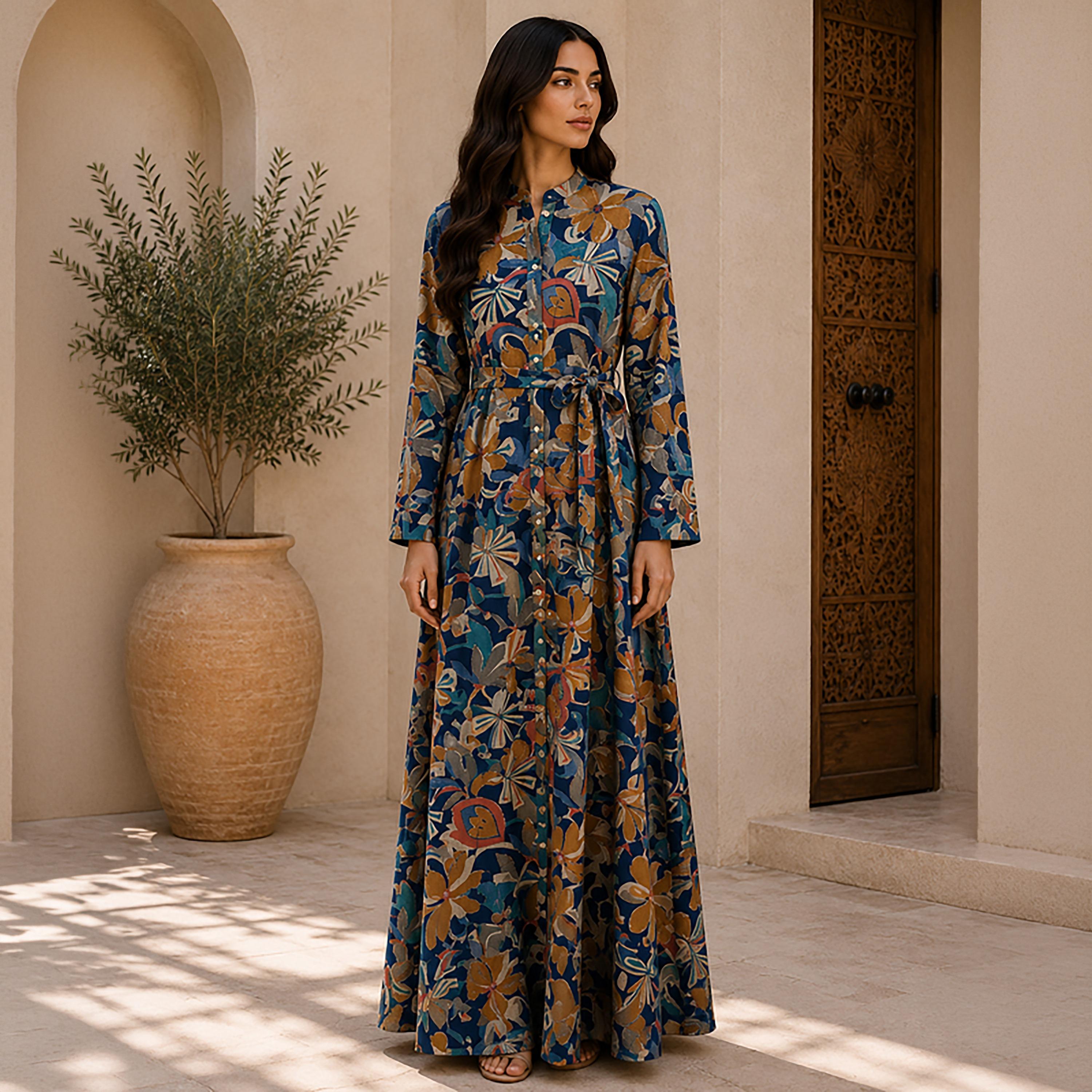 IKKXA Botanical Print Mandarin Collar Women's Shirt Style Jalabiya-women-arabicclothing-jalabiyas-image-1