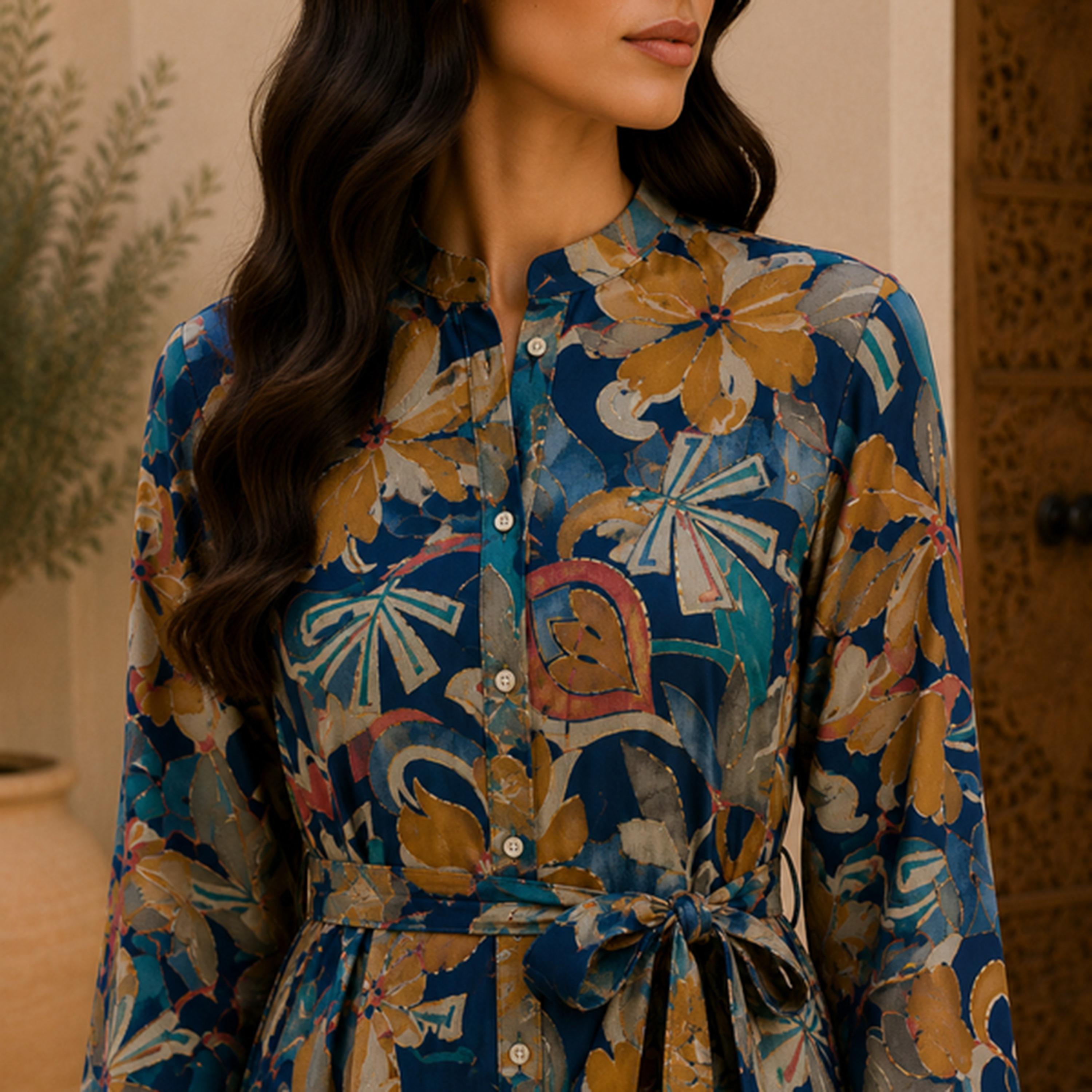 IKKXA Botanical Print Mandarin Collar Women's Shirt Style Jalabiya-women-arabicclothing-jalabiyas-image-2