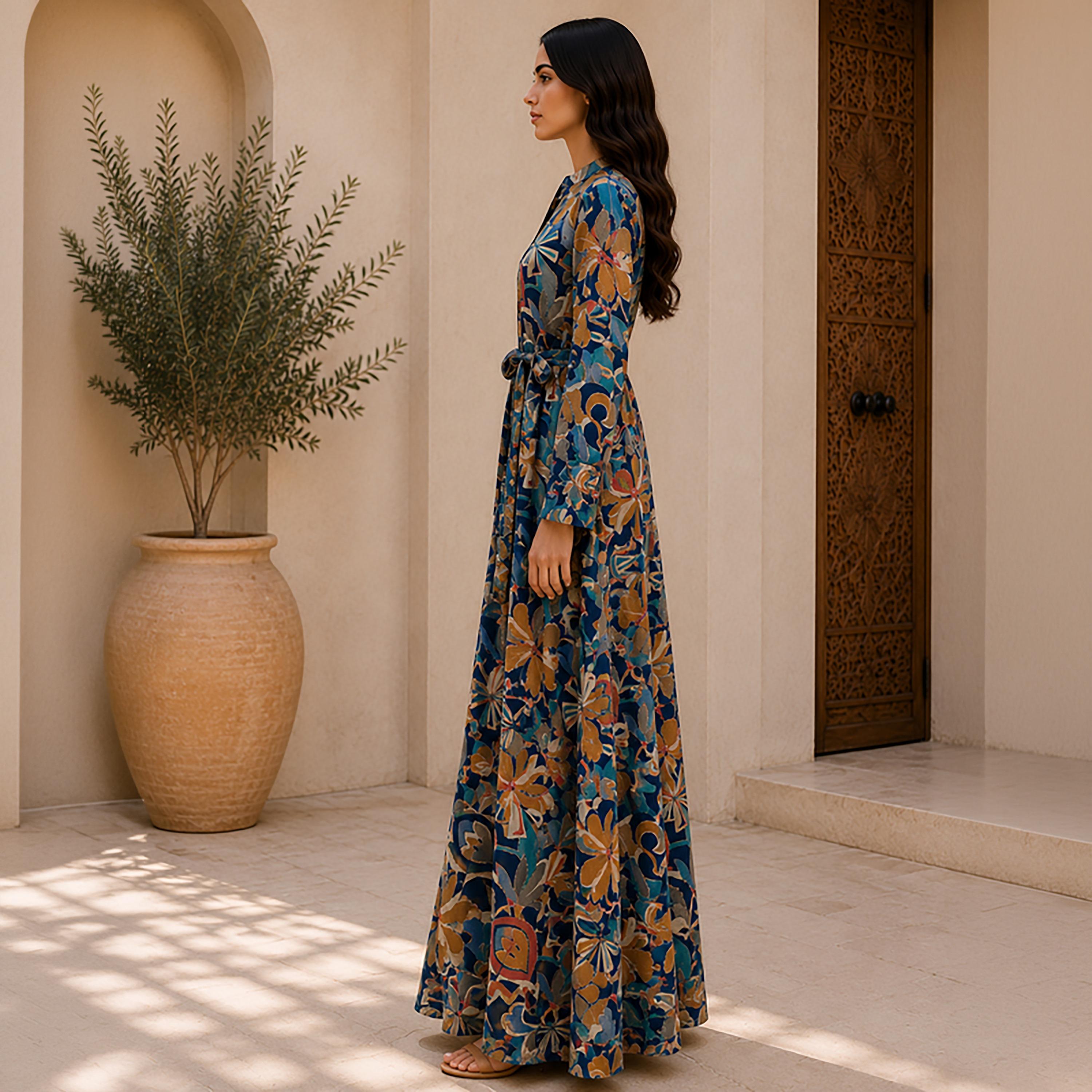 IKKXA Botanical Print Mandarin Collar Women's Shirt Style Jalabiya-women-arabicclothing-jalabiyas-image-3