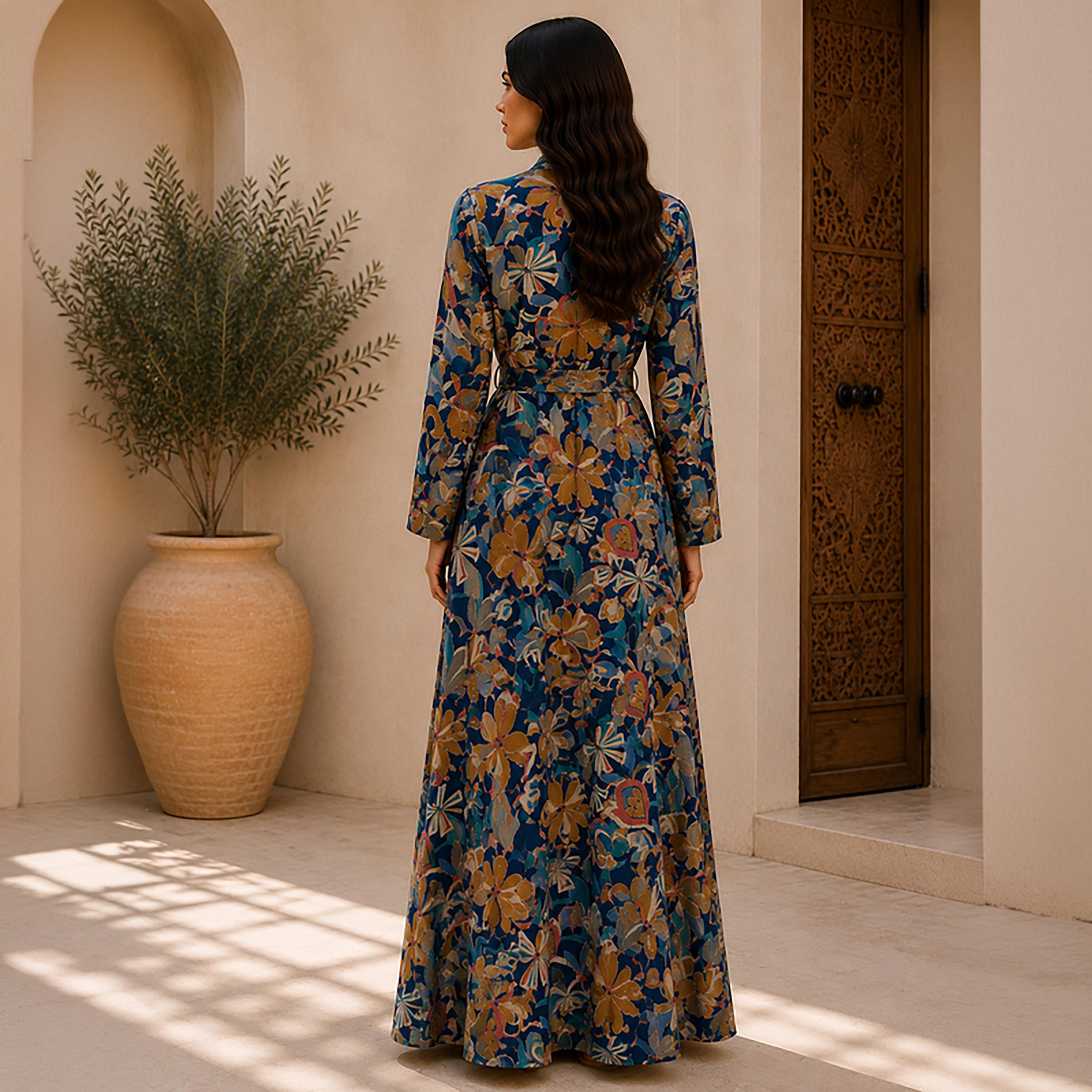 IKKXA Botanical Print Mandarin Collar Women's Shirt Style Jalabiya-women-arabicclothing-jalabiyas-image-5