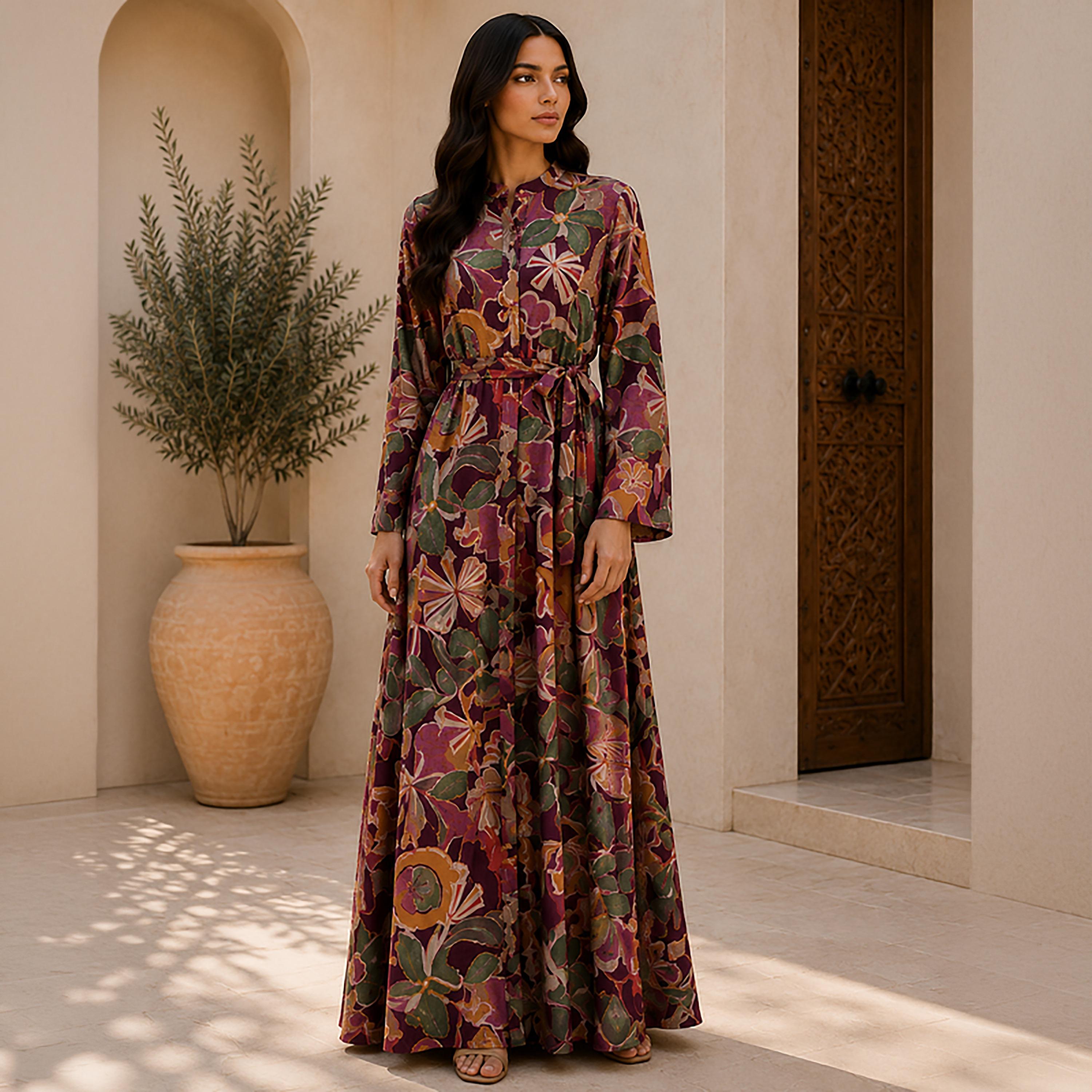 IKKXA Botanical Print Mandarin Collar Women's Shirt Style Jalabiya-women-arabicclothing-jalabiyas-image-6