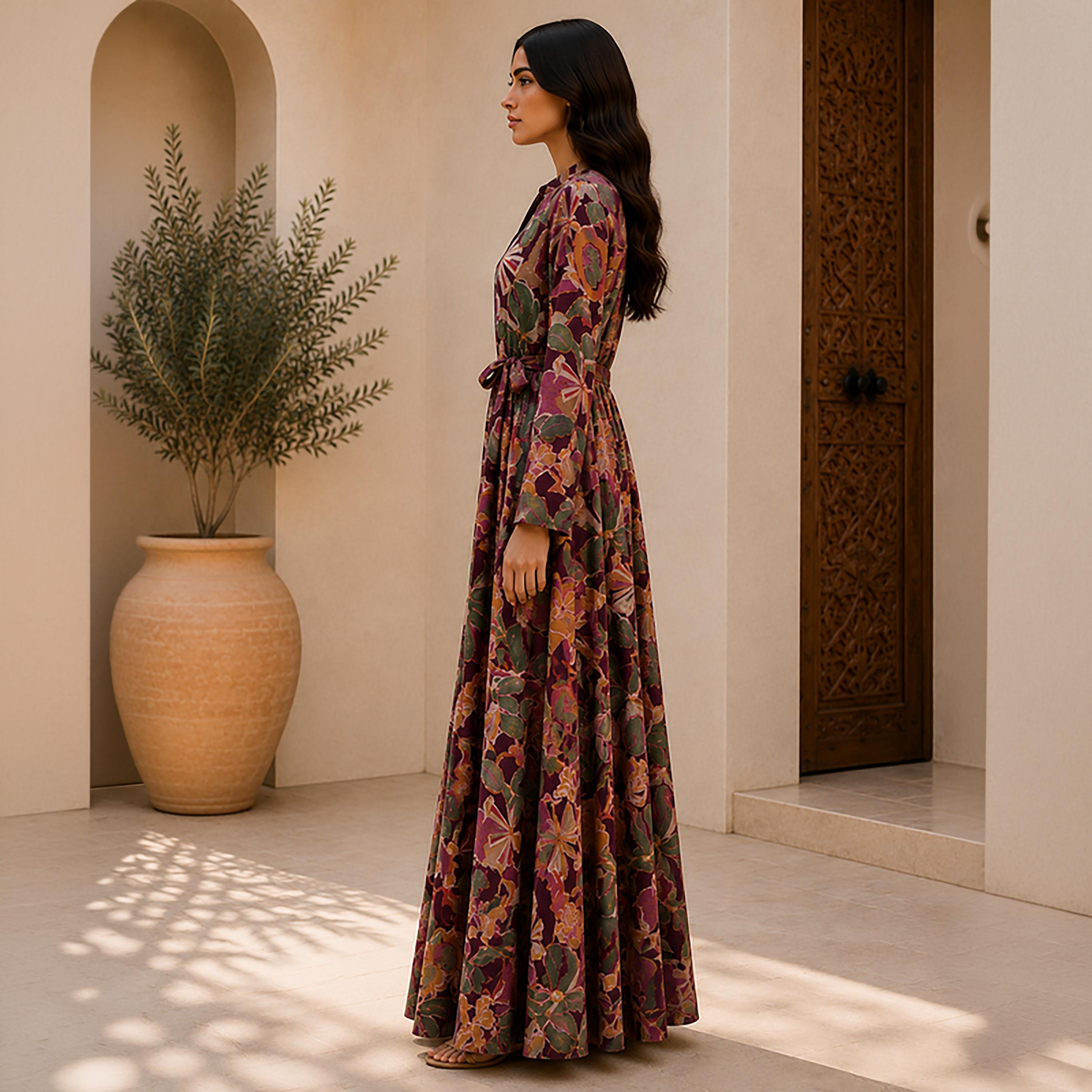IKKXA Botanical Print Mandarin Collar Women's Shirt Style Jalabiya-women-arabicclothing-jalabiyas-image-8