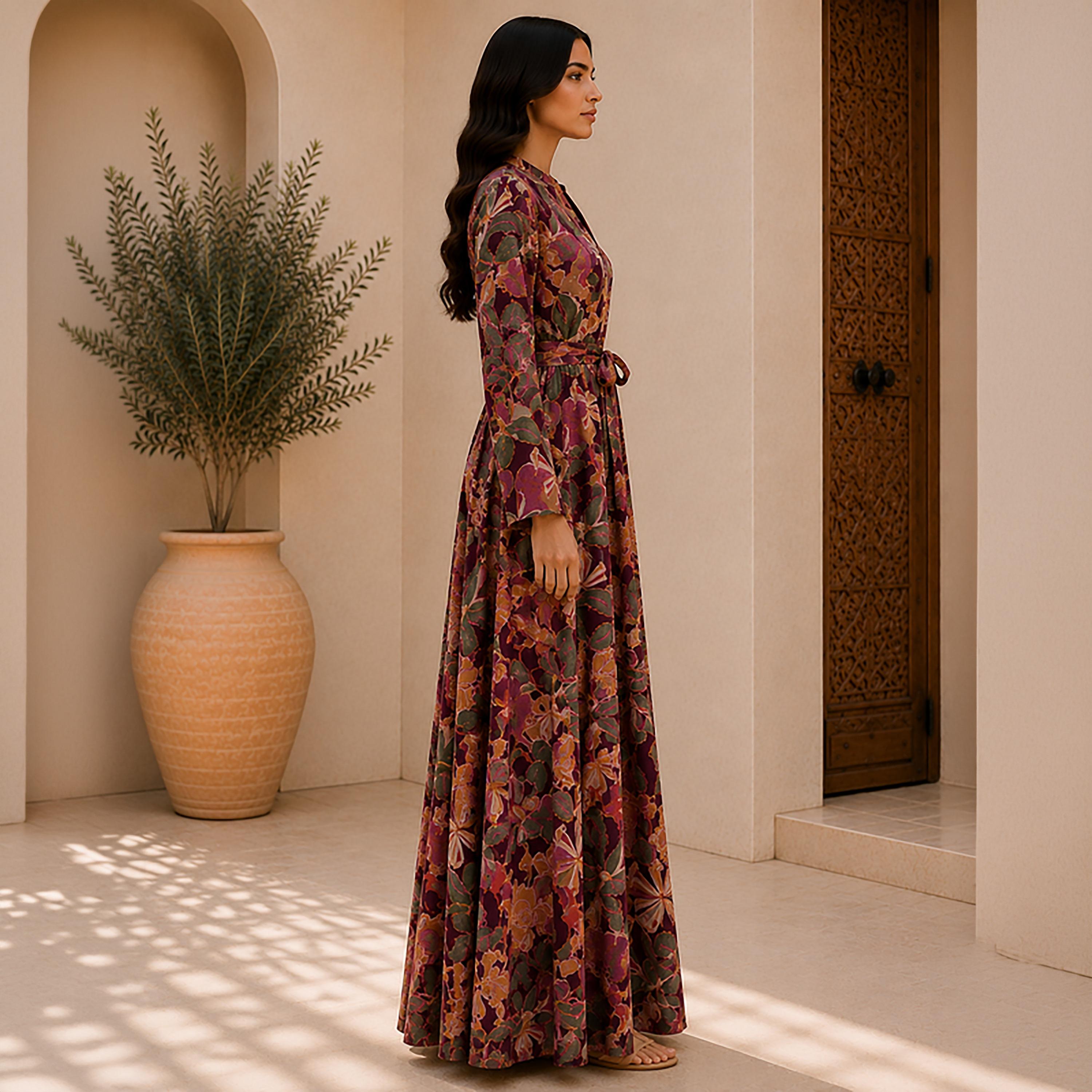 IKKXA Botanical Print Mandarin Collar Women's Shirt Style Jalabiya-women-arabicclothing-jalabiyas-image-9