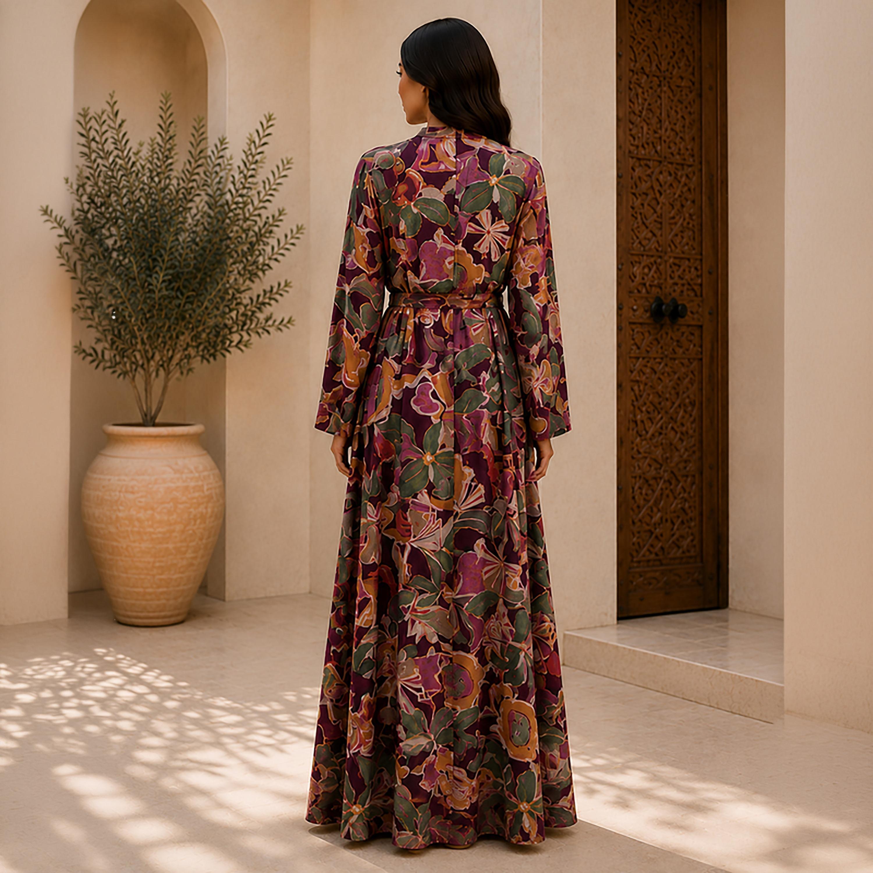 IKKXA Botanical Print Mandarin Collar Women's Shirt Style Jalabiya-women-arabicclothing-jalabiyas-image-10