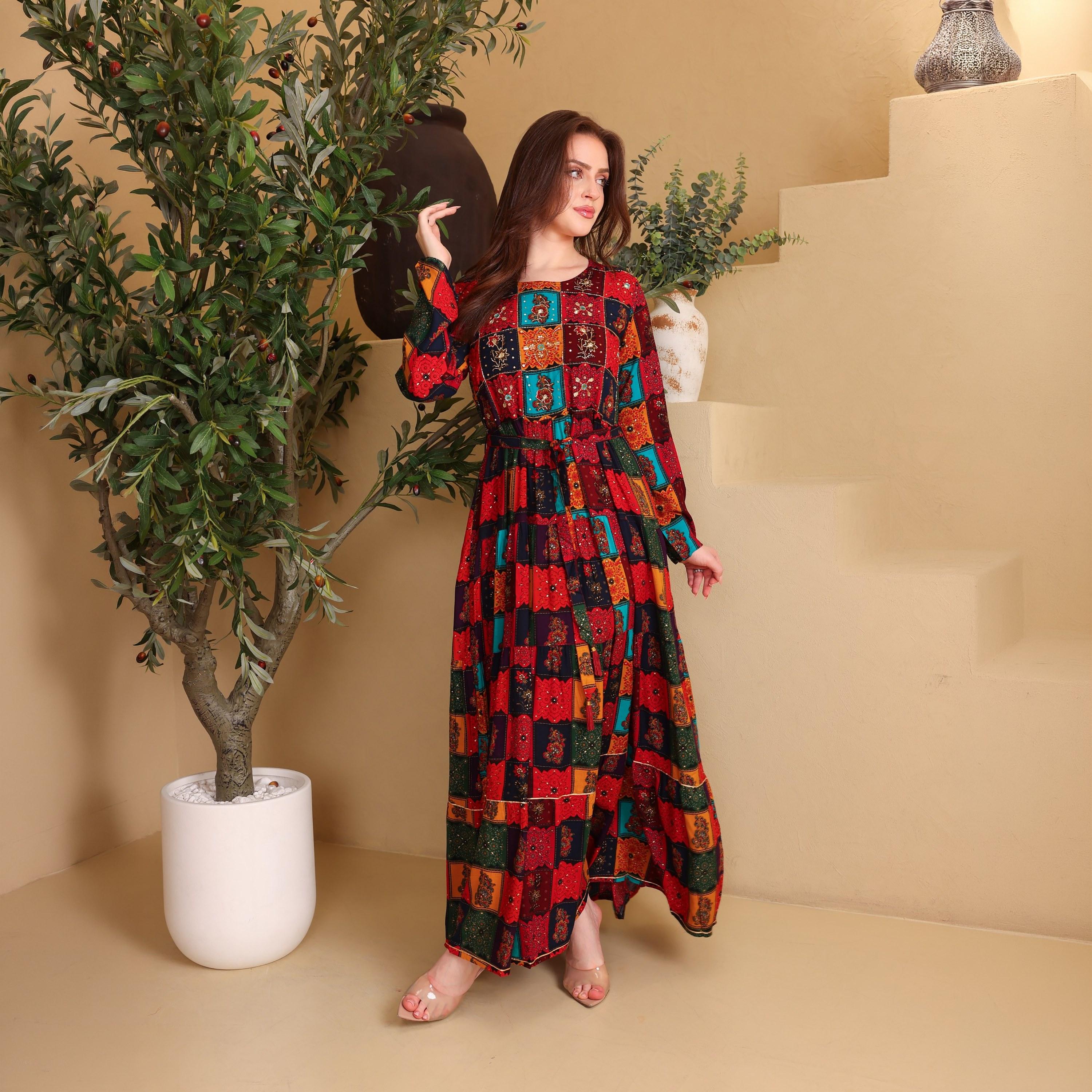 IKKXA Red Geometric Print & Beaded Women's Fit and Flared Jalabiya-women-arabicclothing-jalabiyas-image-1
