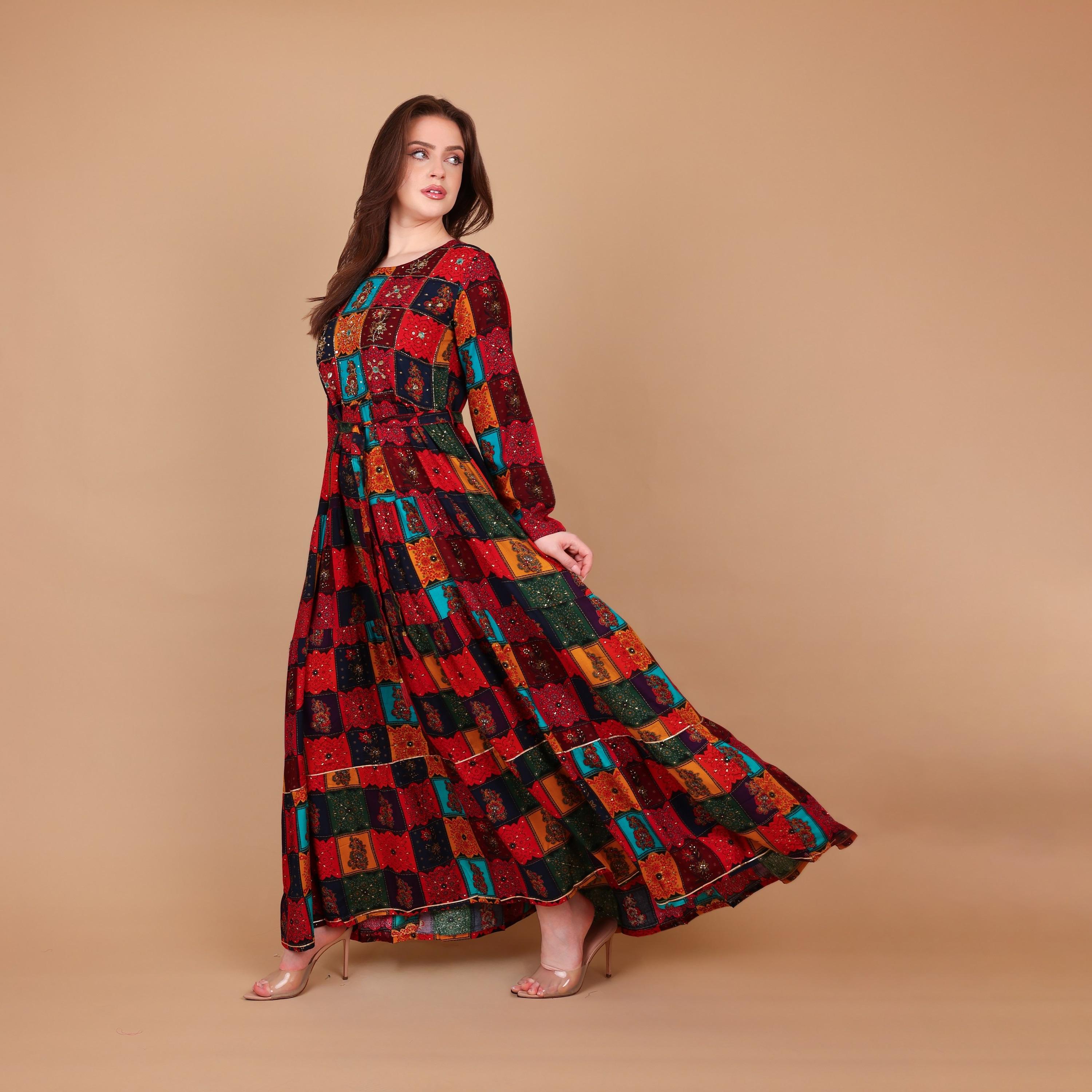 IKKXA Red Geometric Print & Beaded Women's Fit and Flared Jalabiya-women-arabicclothing-jalabiyas-image-2