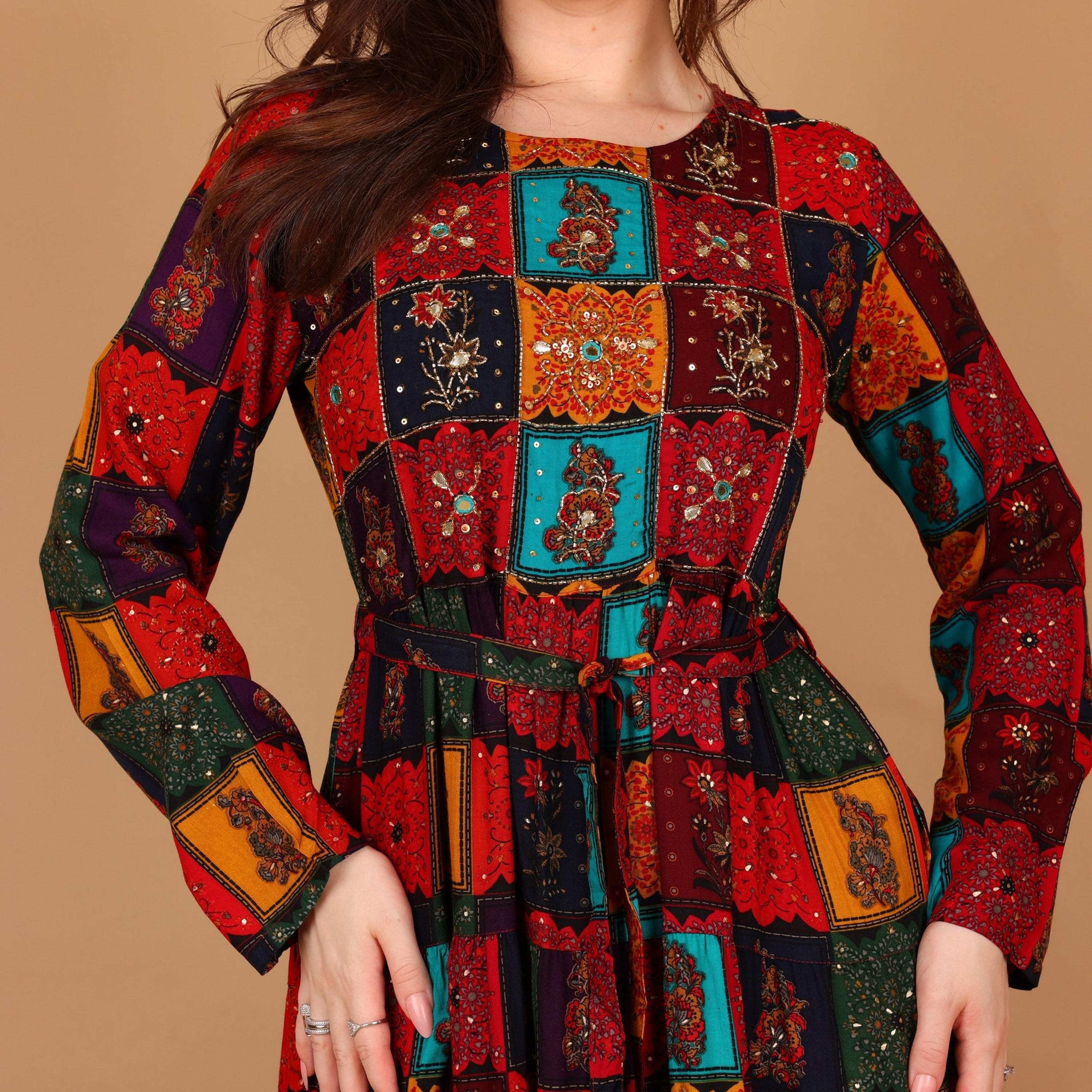 IKKXA Red Geometric Print & Beaded Women's Fit and Flared Jalabiya-women-arabicclothing-jalabiyas-image-3