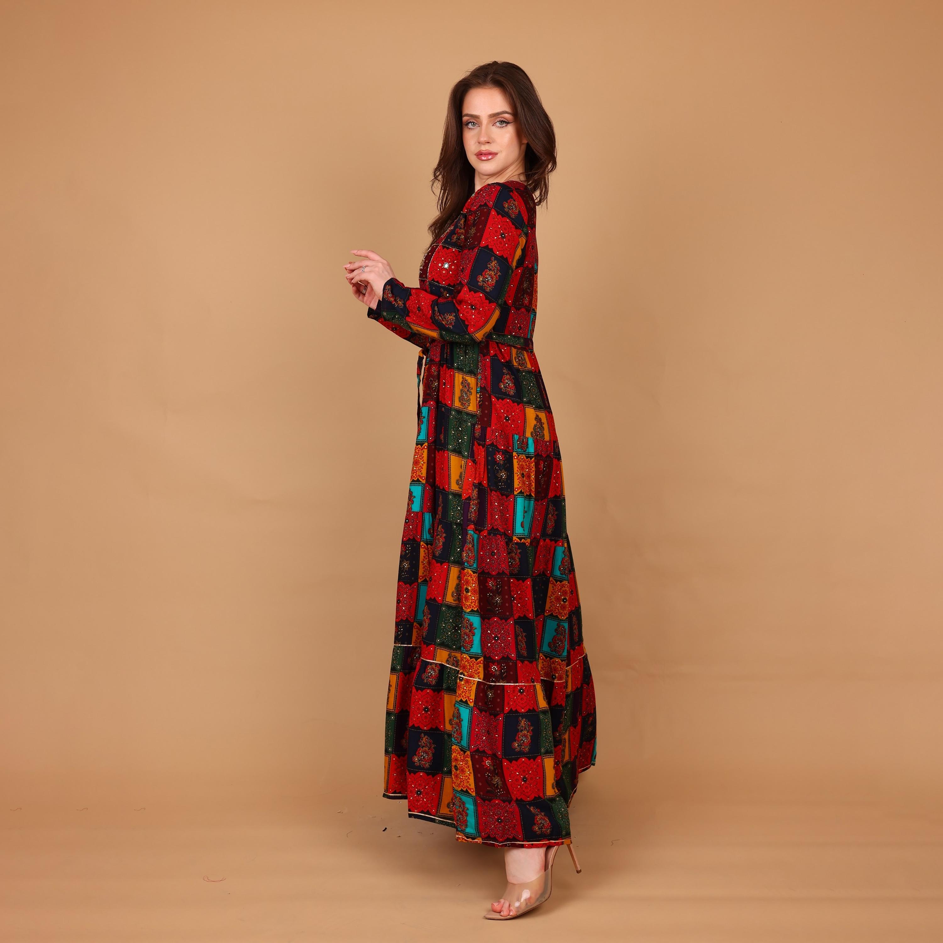 IKKXA Red Geometric Print & Beaded Women's Fit and Flared Jalabiya-women-arabicclothing-jalabiyas-image-4