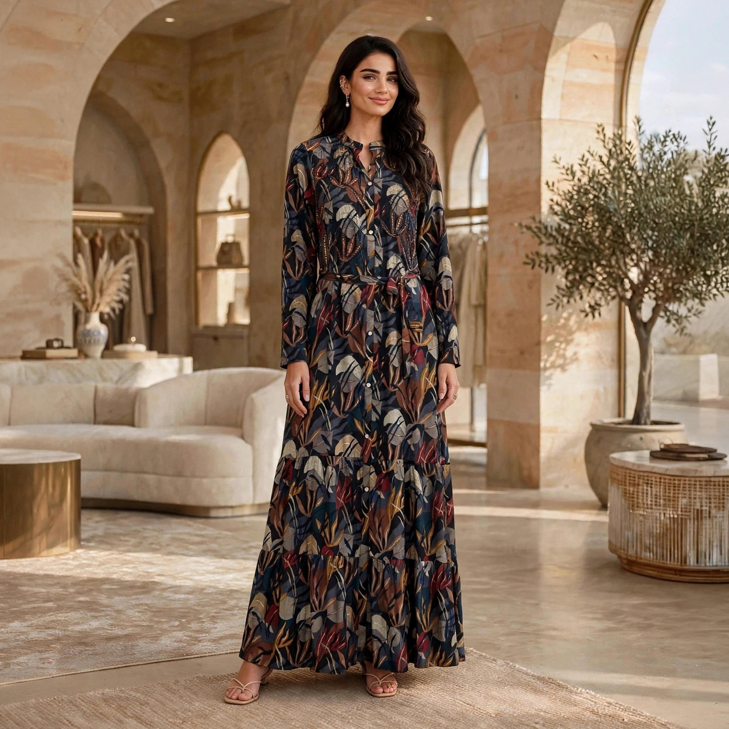 IKKXA Beaded Mandarin Collar Women's Tiered Jalabiya-women-arabicclothing-jalabiyas-image-1