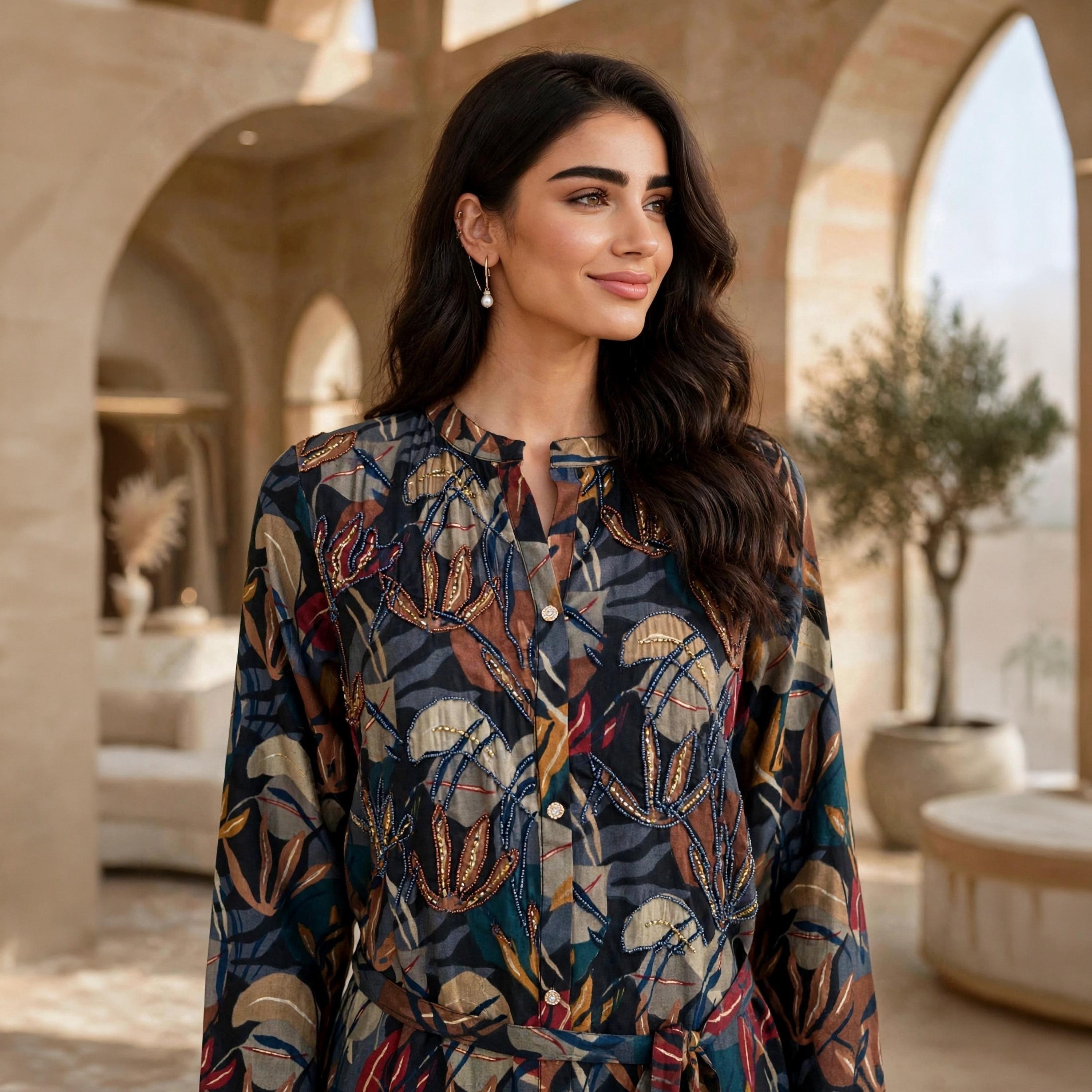 IKKXA Beaded Mandarin Collar Women's Tiered Jalabiya-women-arabicclothing-jalabiyas-image-2