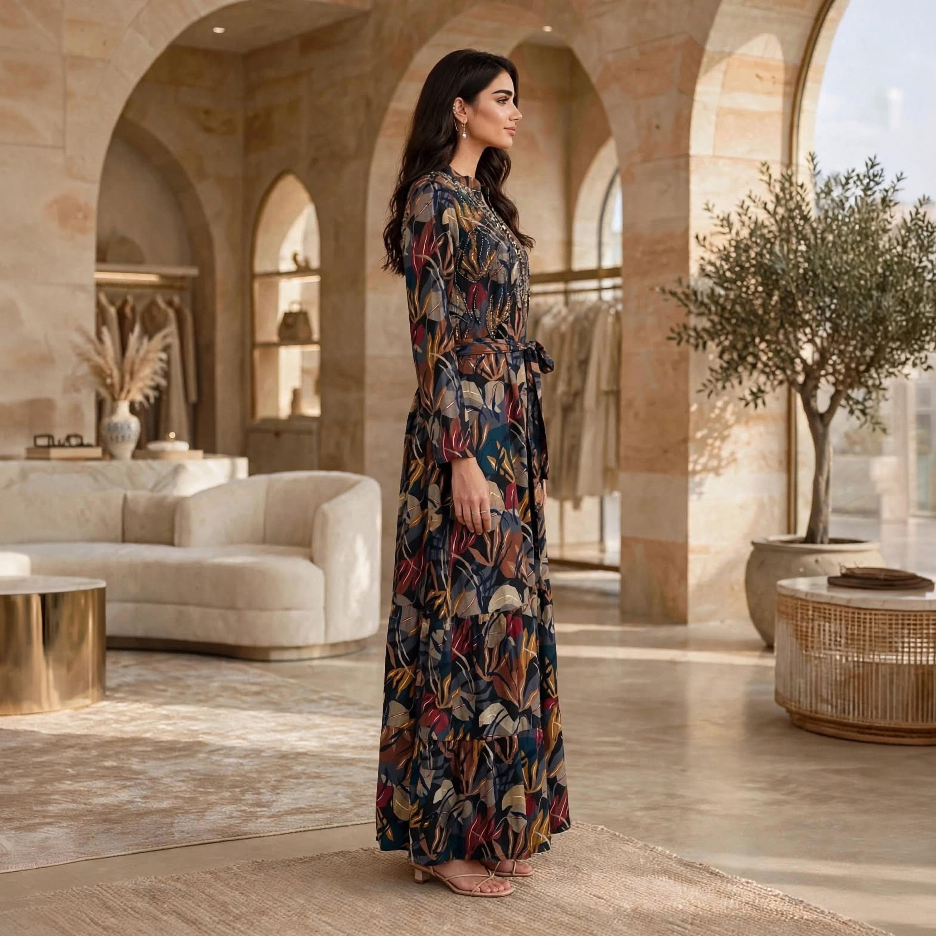 IKKXA Beaded Mandarin Collar Women's Tiered Jalabiya-women-arabicclothing-jalabiyas-image-3