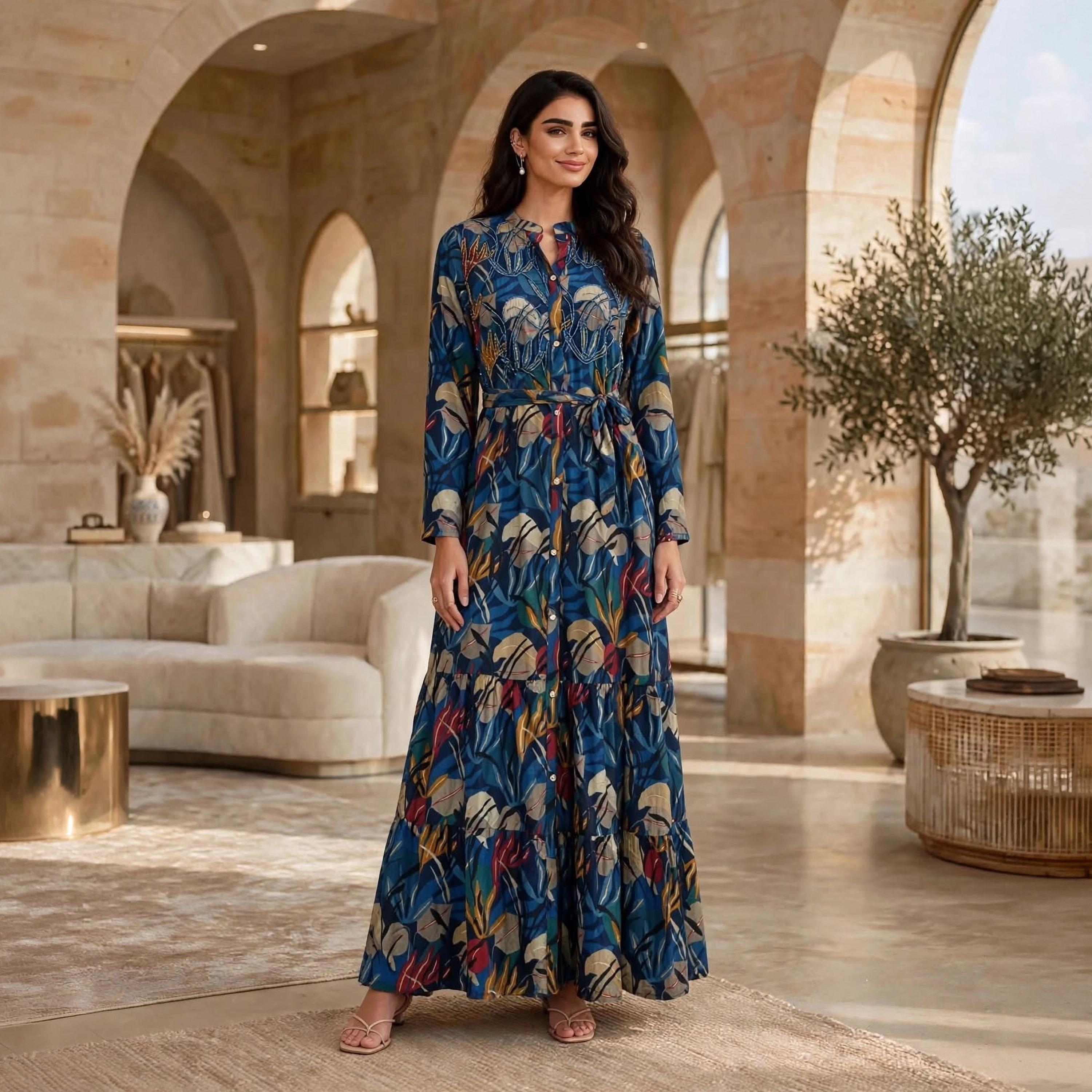 جلابية حريمي بطبقات بياقة ماندرين ومزينة بالخرز من إيكسا-women-arabicclothing-jalabiyas-image-6