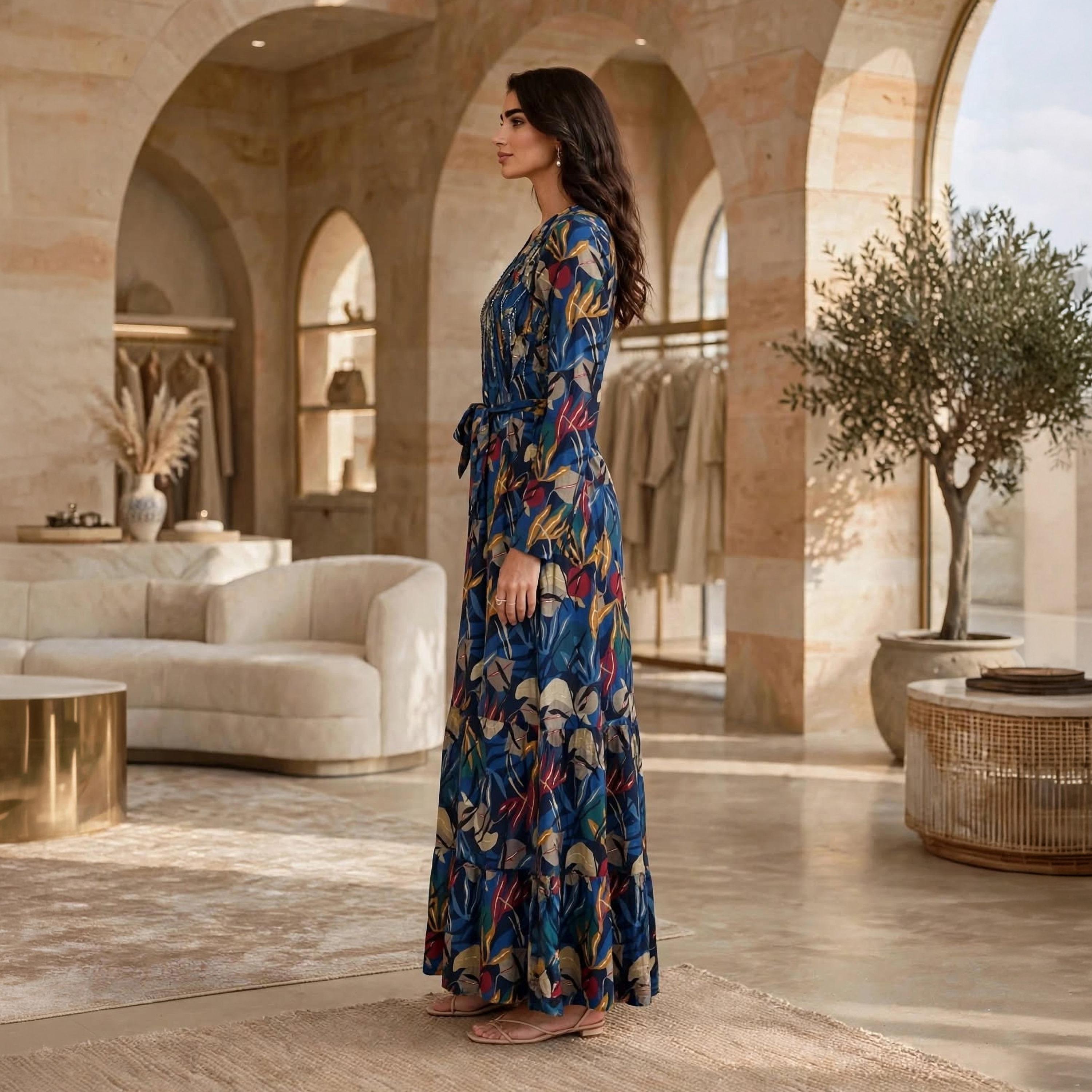 جلابية حريمي بطبقات بياقة ماندرين ومزينة بالخرز من إيكسا-women-arabicclothing-jalabiyas-image-8