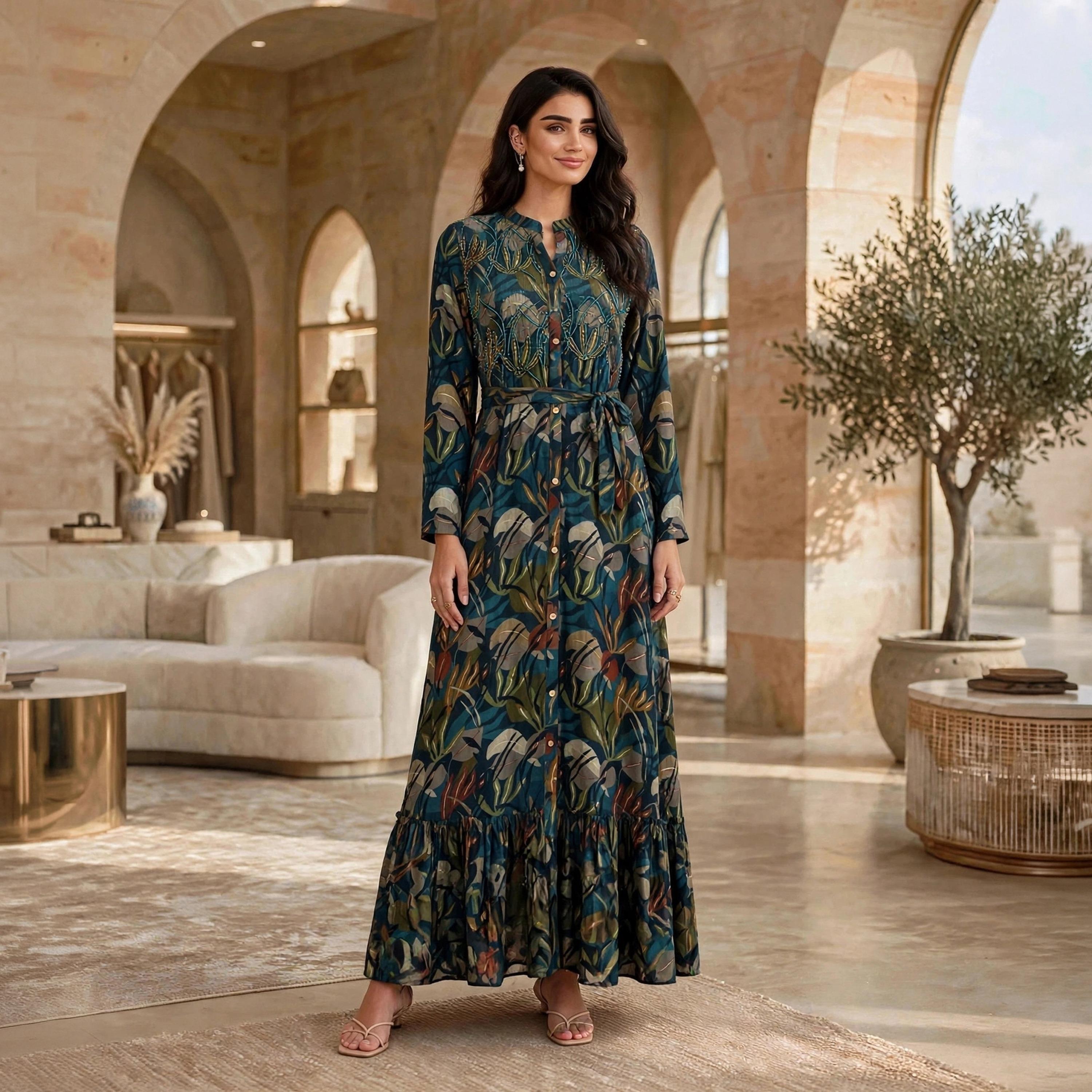 جلابية حريمي بطبقات بياقة ماندرين ومزينة بالخرز من إيكسا-women-arabicclothing-jalabiyas-image-11