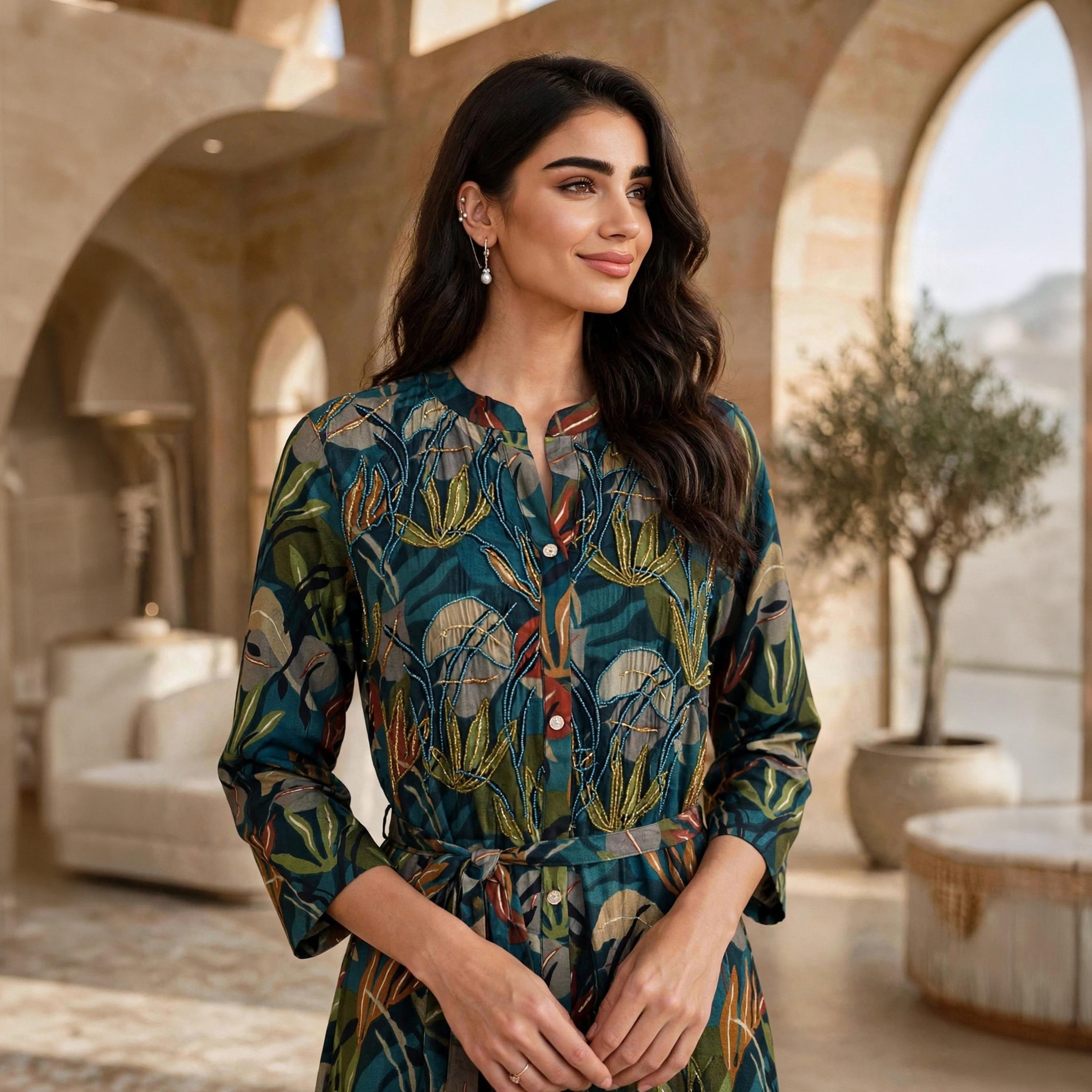 جلابية حريمي بطبقات بياقة ماندرين ومزينة بالخرز من إيكسا-women-arabicclothing-jalabiyas-image-12