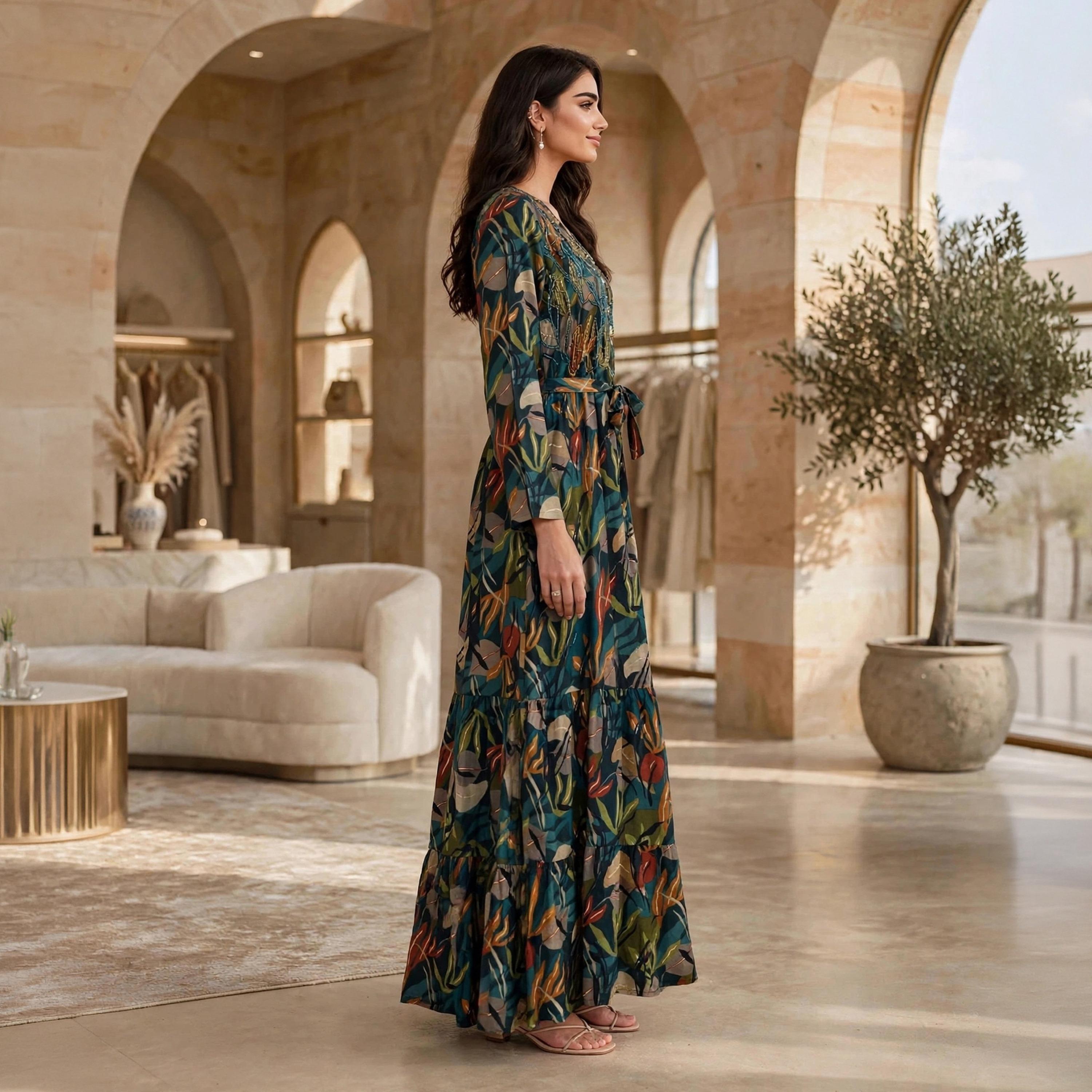 جلابية حريمي بطبقات بياقة ماندرين ومزينة بالخرز من إيكسا-women-arabicclothing-jalabiyas-image-14