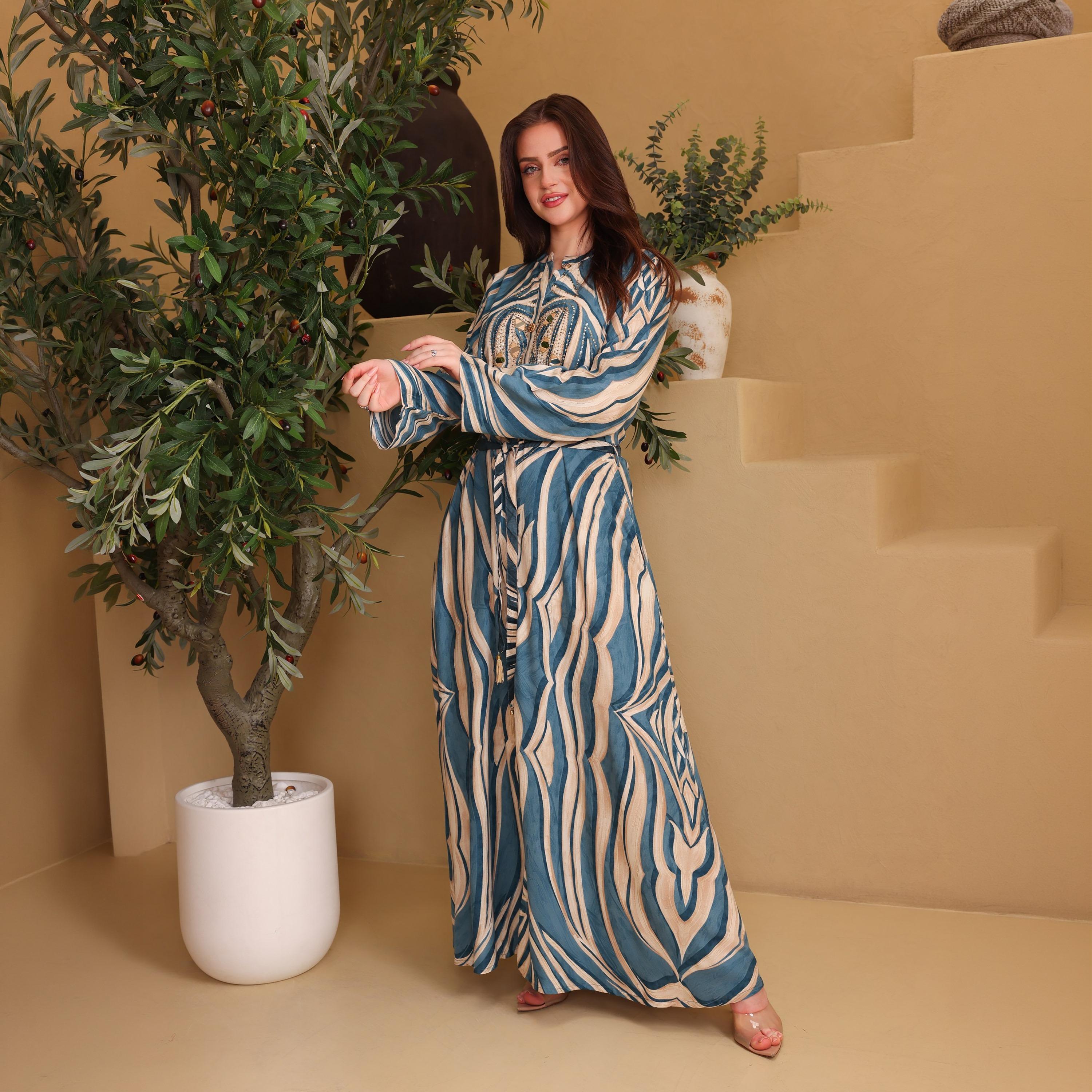 IKKXA Abstract Print Mandarin Collar Women's Fit and Flared Jalabiya-women-arabicclothing-jalabiyas-image-1