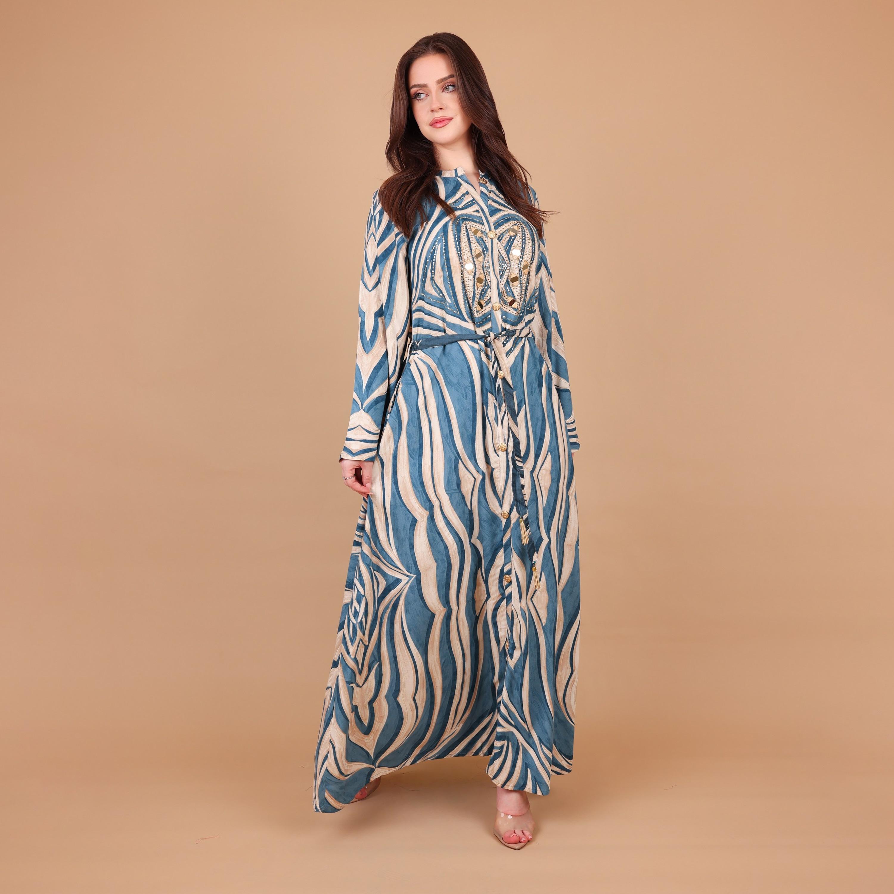 IKKXA Abstract Print Mandarin Collar Women's Fit and Flared Jalabiya-women-arabicclothing-jalabiyas-image-2