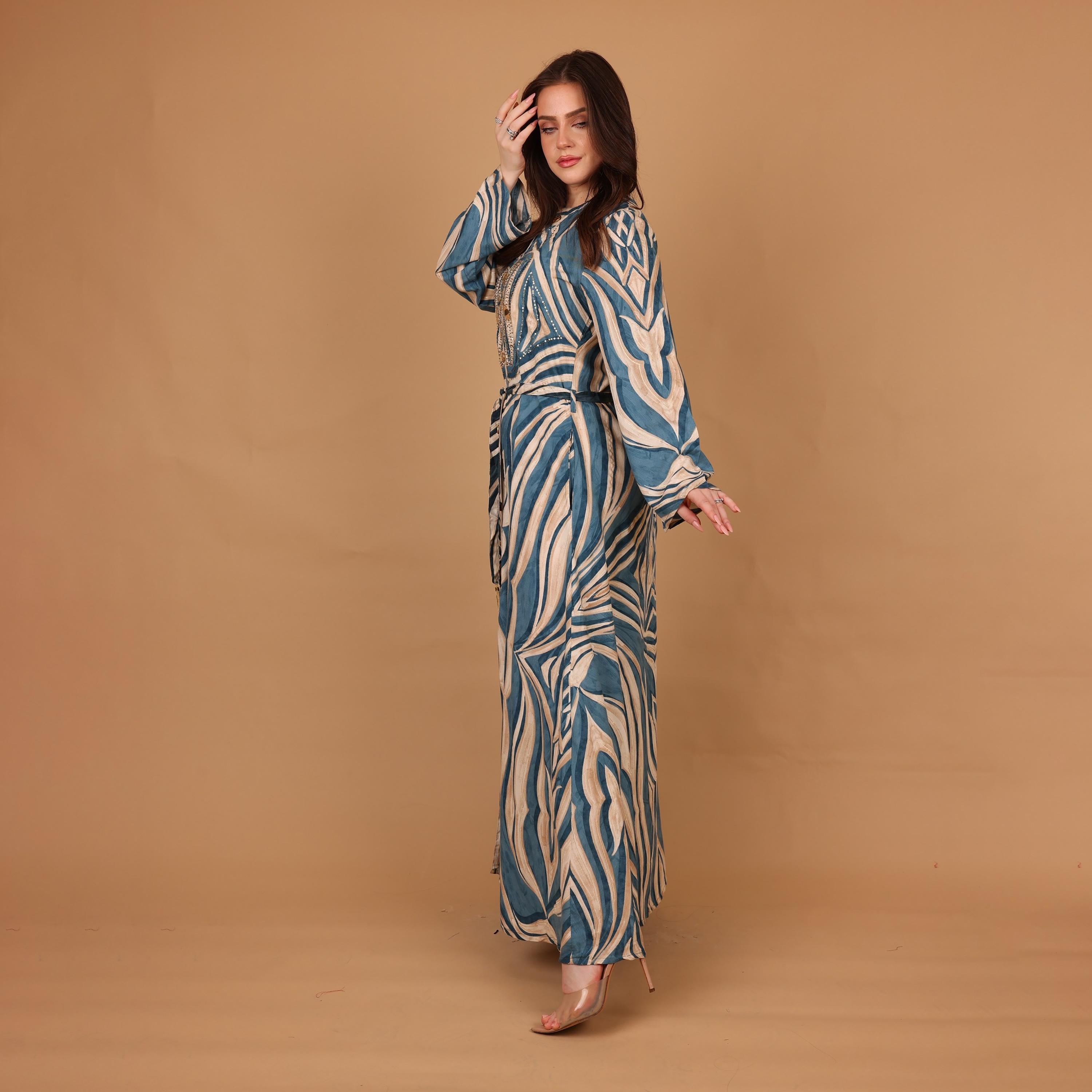 IKKXA Abstract Print Mandarin Collar Women's Fit and Flared Jalabiya-women-arabicclothing-jalabiyas-image-4