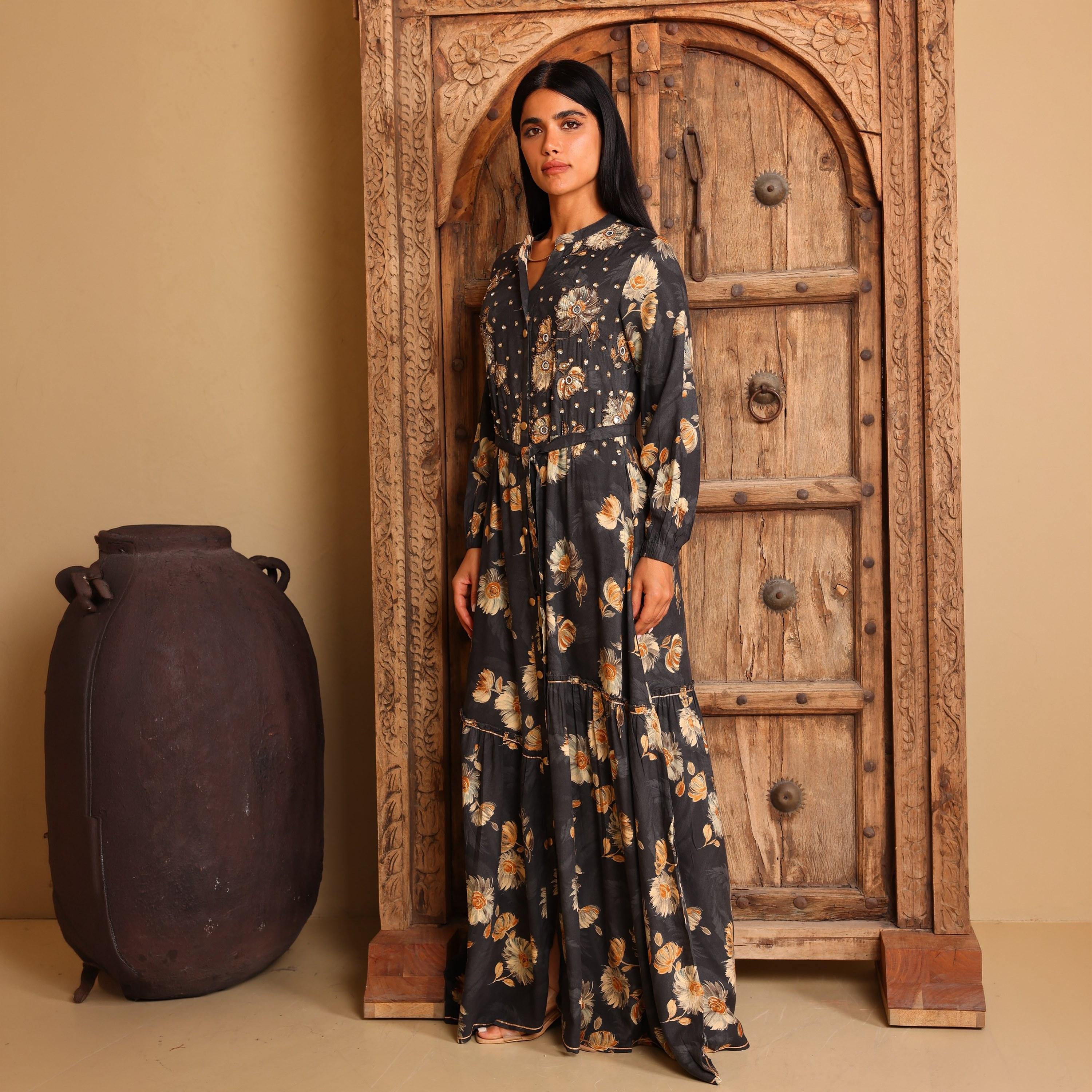 IKKXA Beaded Floral Print Mandarin Collar Women's Fit and Flared Jalabiya-women-arabicclothing-jalabiyas-image-1