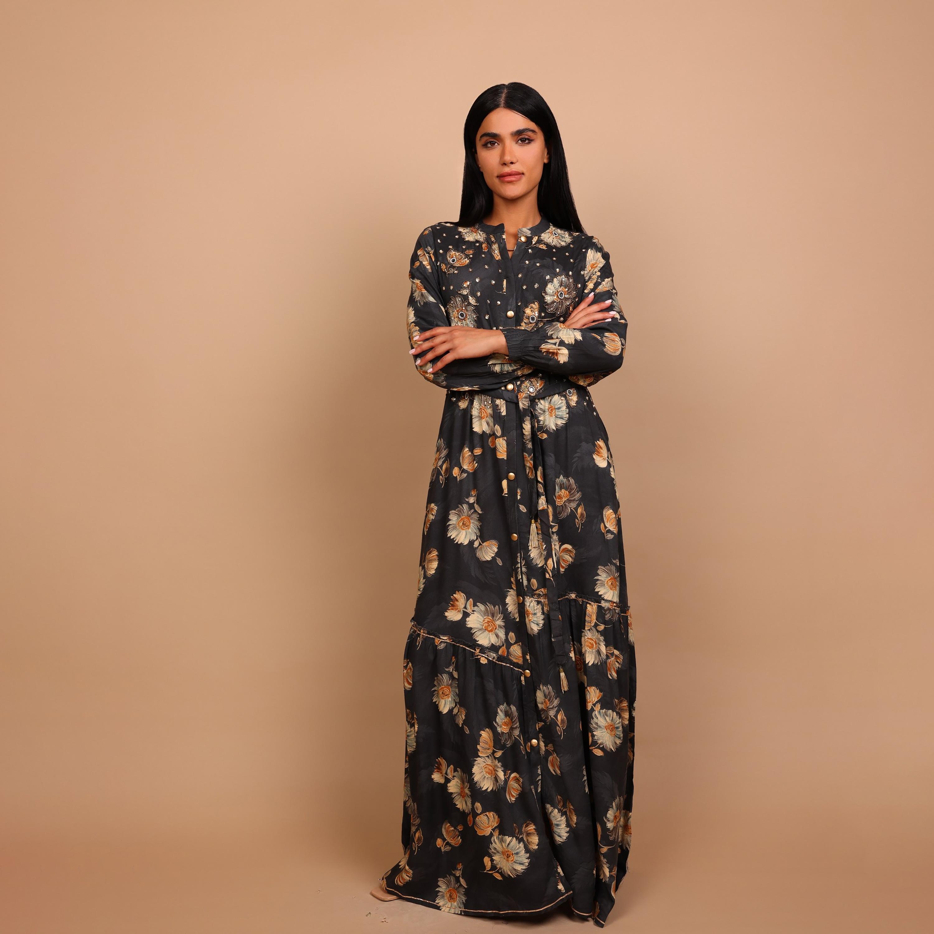 IKKXA Beaded Floral Print Mandarin Collar Women's Fit and Flared Jalabiya-women-arabicclothing-jalabiyas-image-2