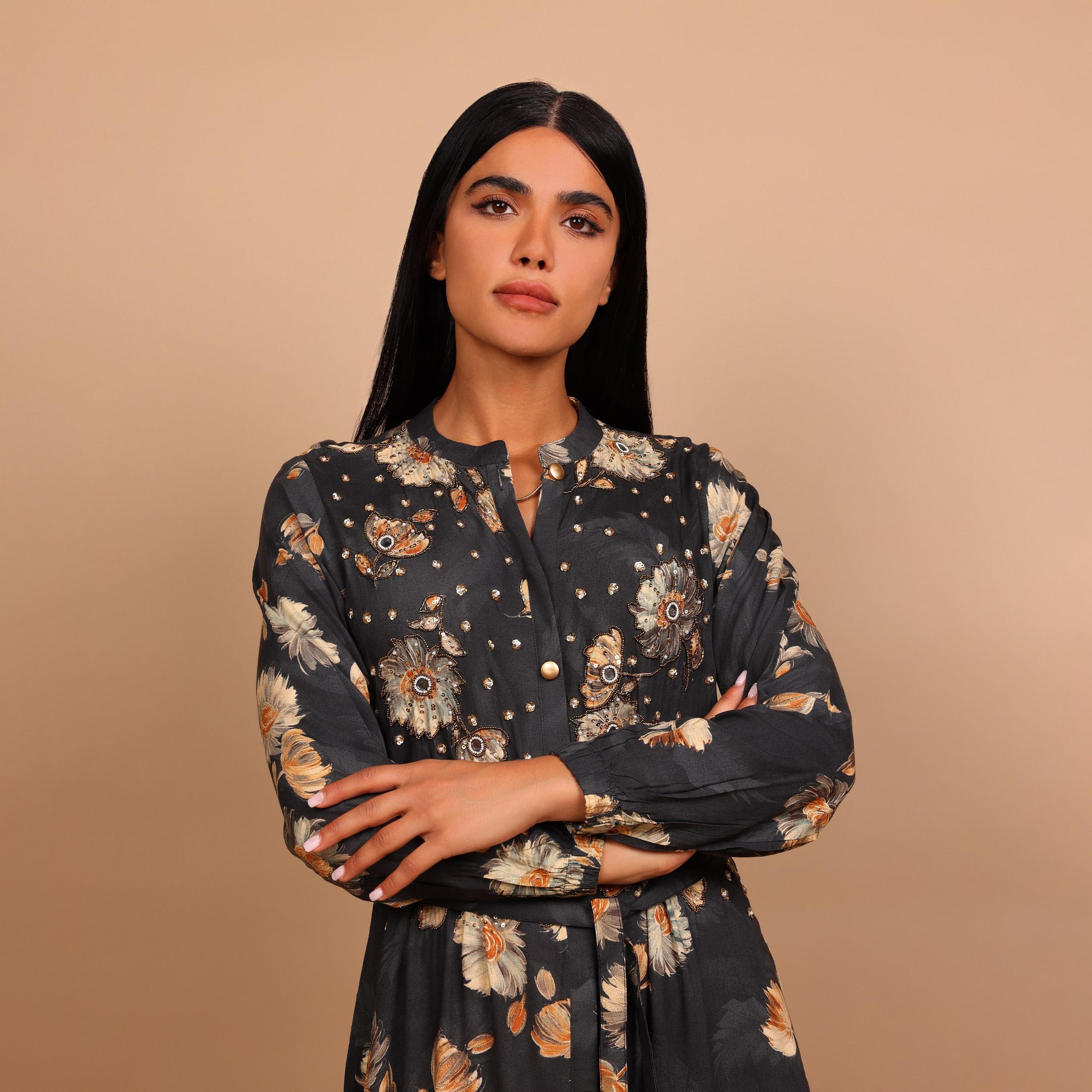 IKKXA Beaded Floral Print Mandarin Collar Women's Fit and Flared Jalabiya-women-arabicclothing-jalabiyas-image-3