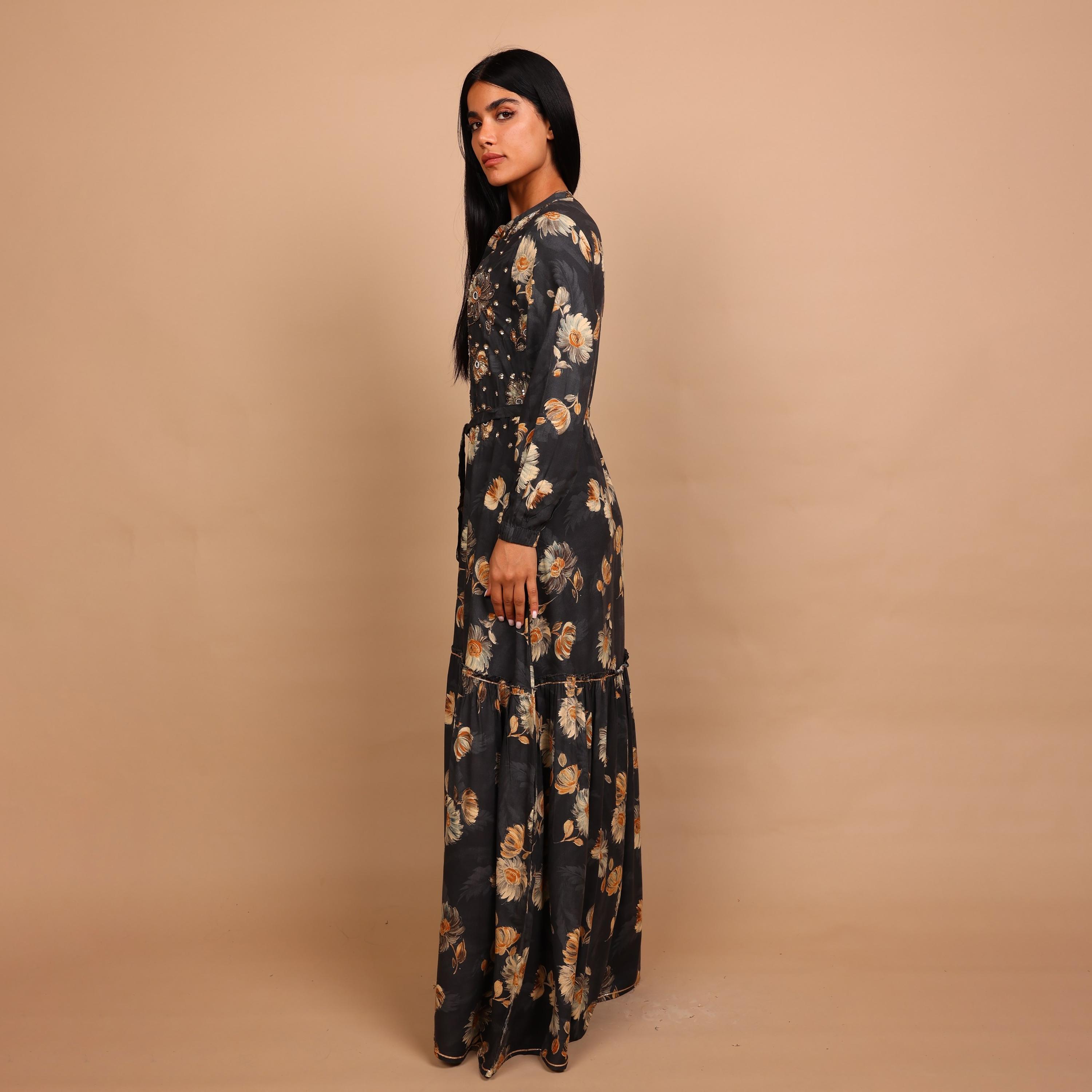 IKKXA Beaded Floral Print Mandarin Collar Women's Fit and Flared Jalabiya-women-arabicclothing-jalabiyas-image-4