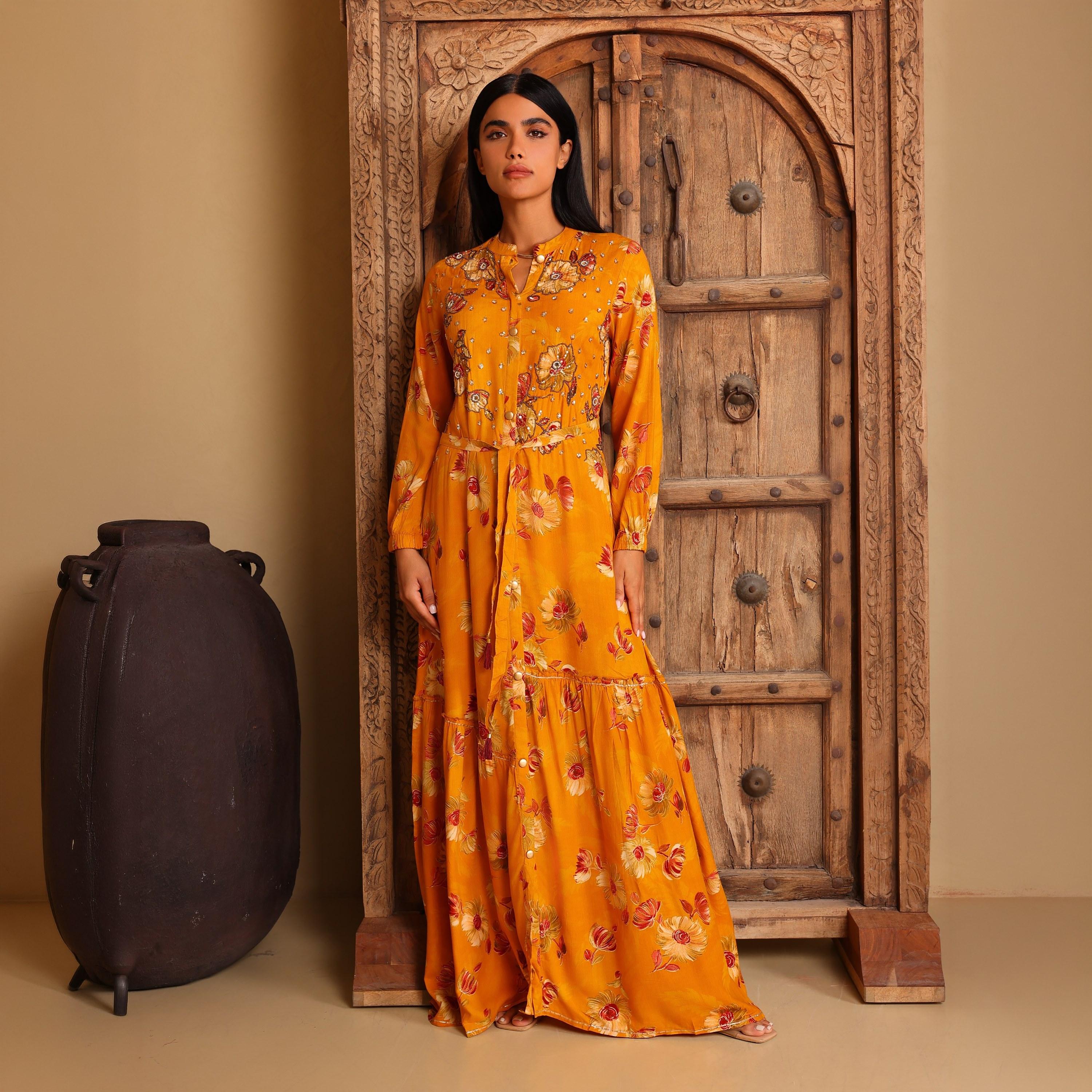 IKKXA Beaded Floral Print Mandarin Collar Women's Fit and Flared Jalabiya-women-arabicclothing-jalabiyas-image-1
