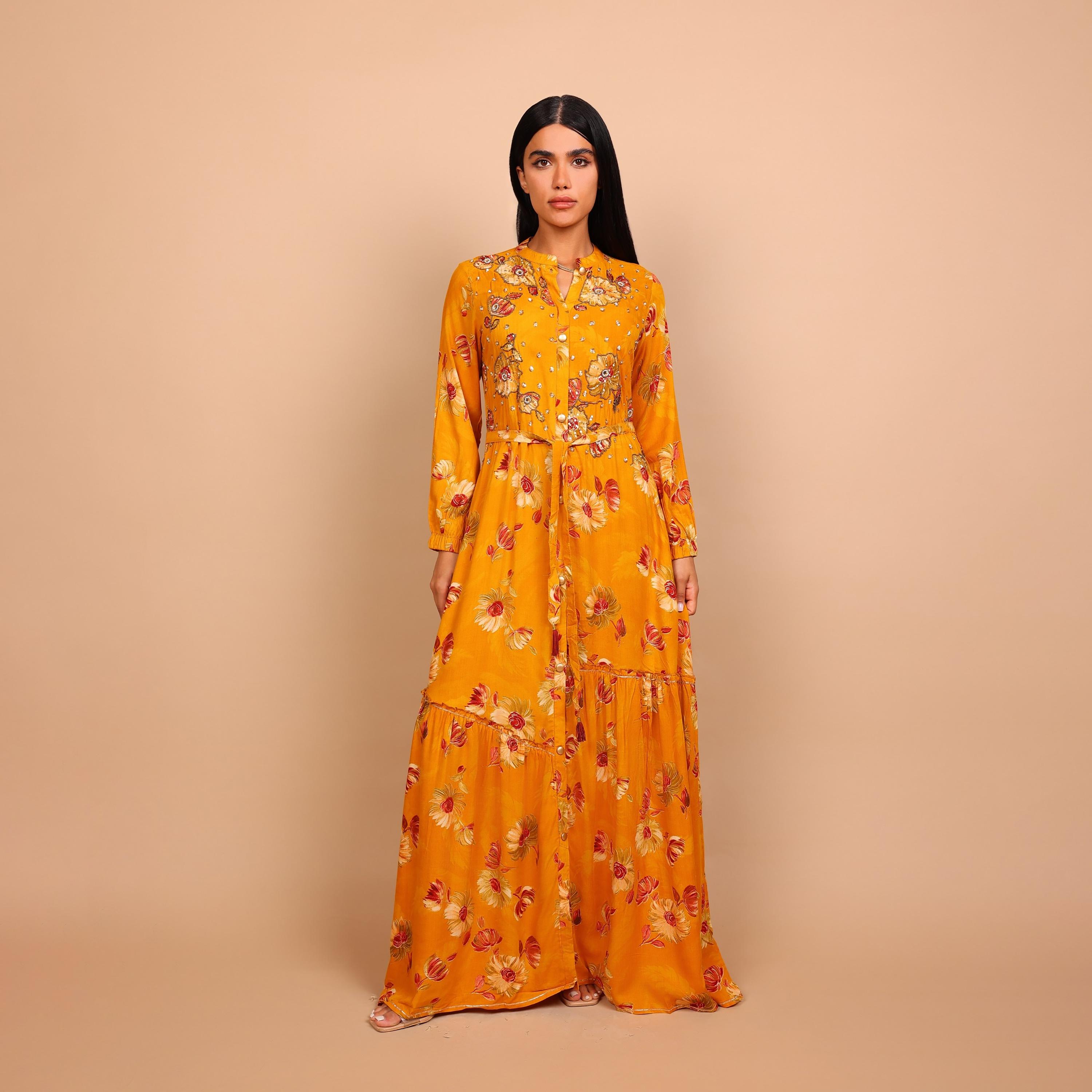 IKKXA Beaded Floral Print Mandarin Collar Women's Fit and Flared Jalabiya-women-arabicclothing-jalabiyas-image-2