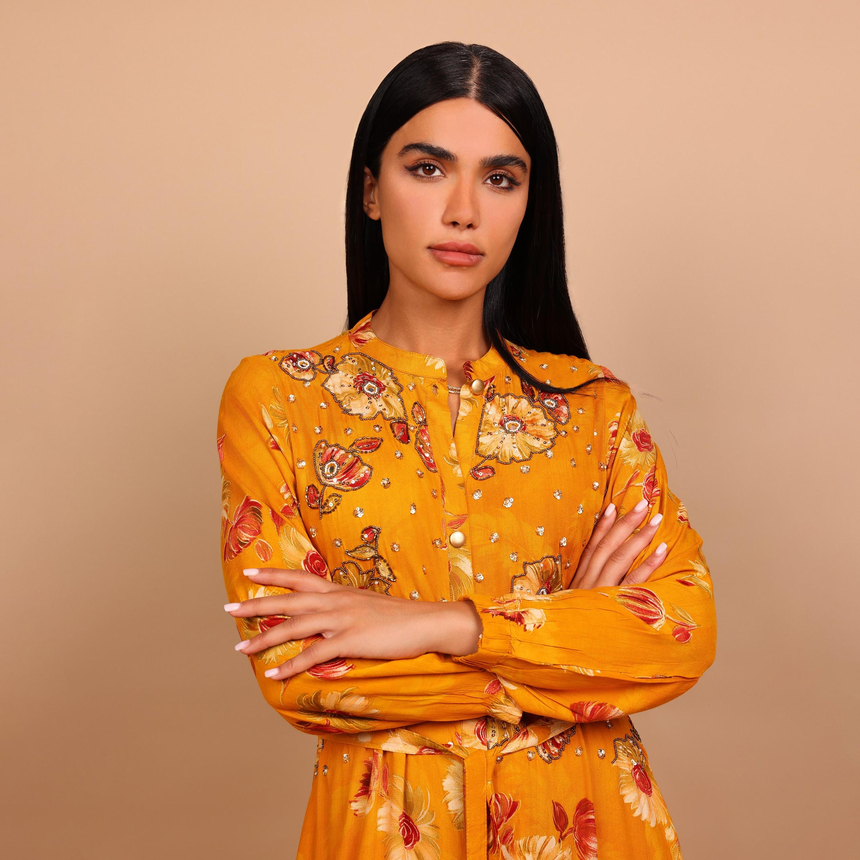 IKKXA Beaded Floral Print Mandarin Collar Women's Fit and Flared Jalabiya-women-arabicclothing-jalabiyas-image-3