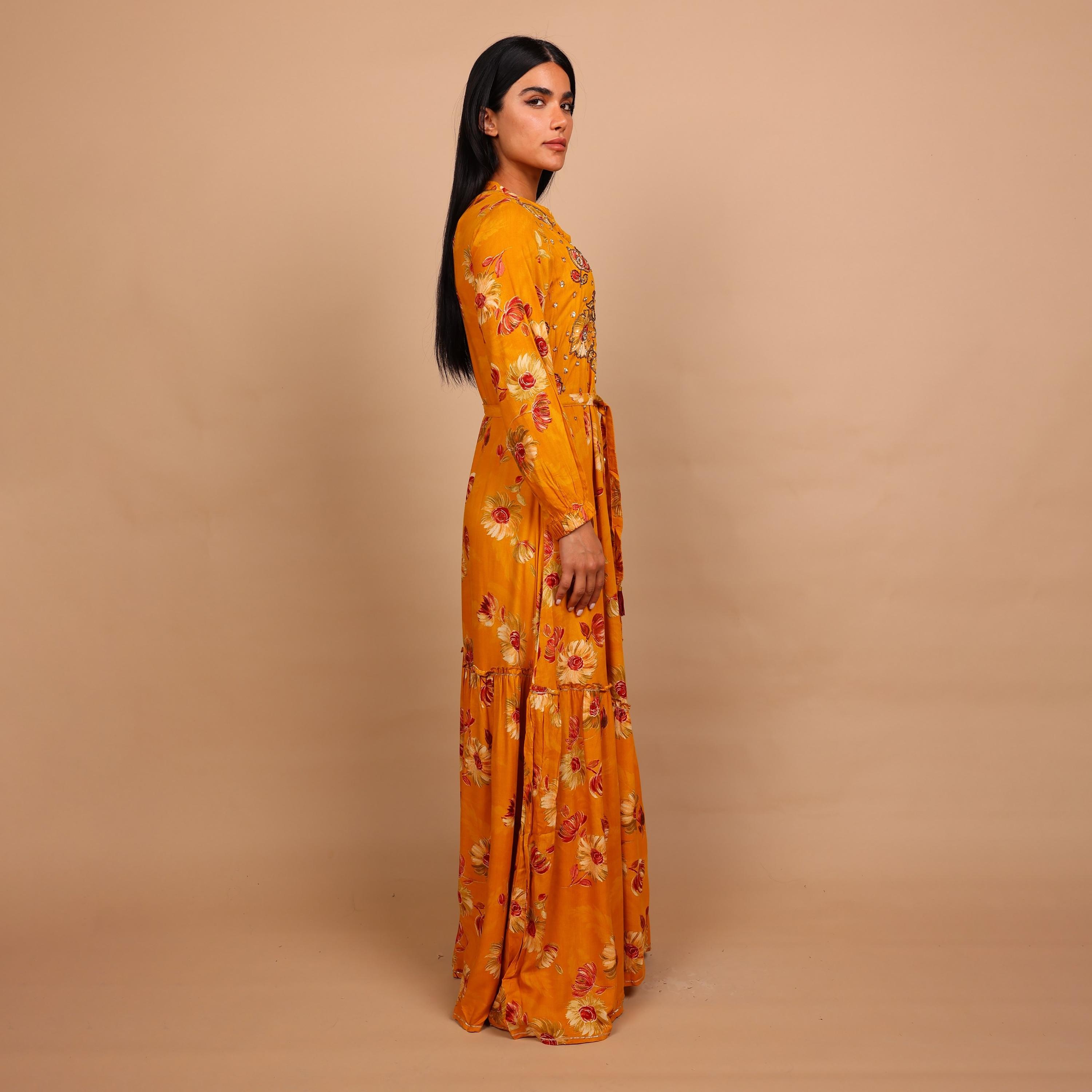 IKKXA Beaded Floral Print Mandarin Collar Women's Fit and Flared Jalabiya-women-arabicclothing-jalabiyas-image-4