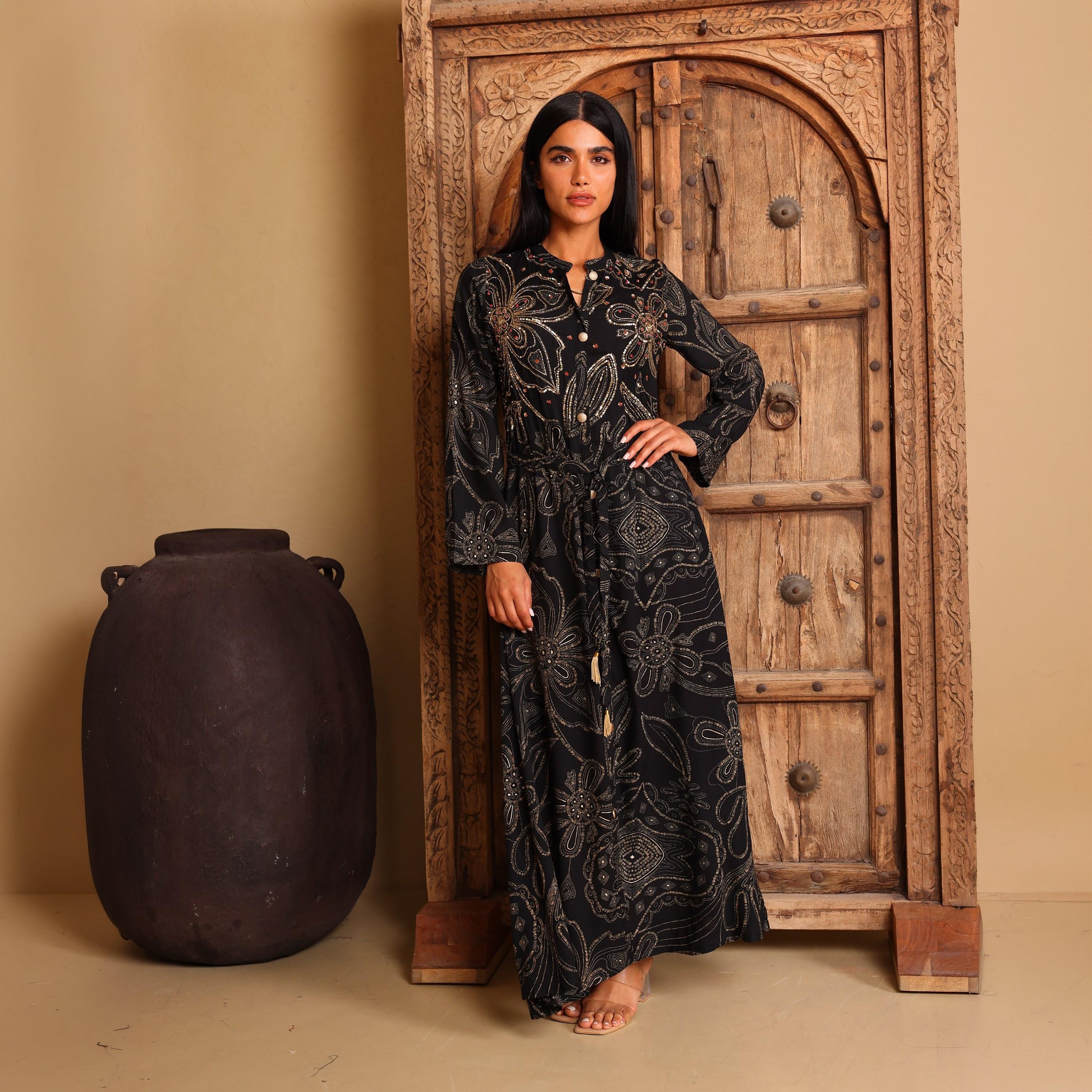 IKKXA Geometric Print & Beaded Mandarin Collar Women's Fit and Flared Jalabiya-women-arabicclothing-jalabiyas-image-1