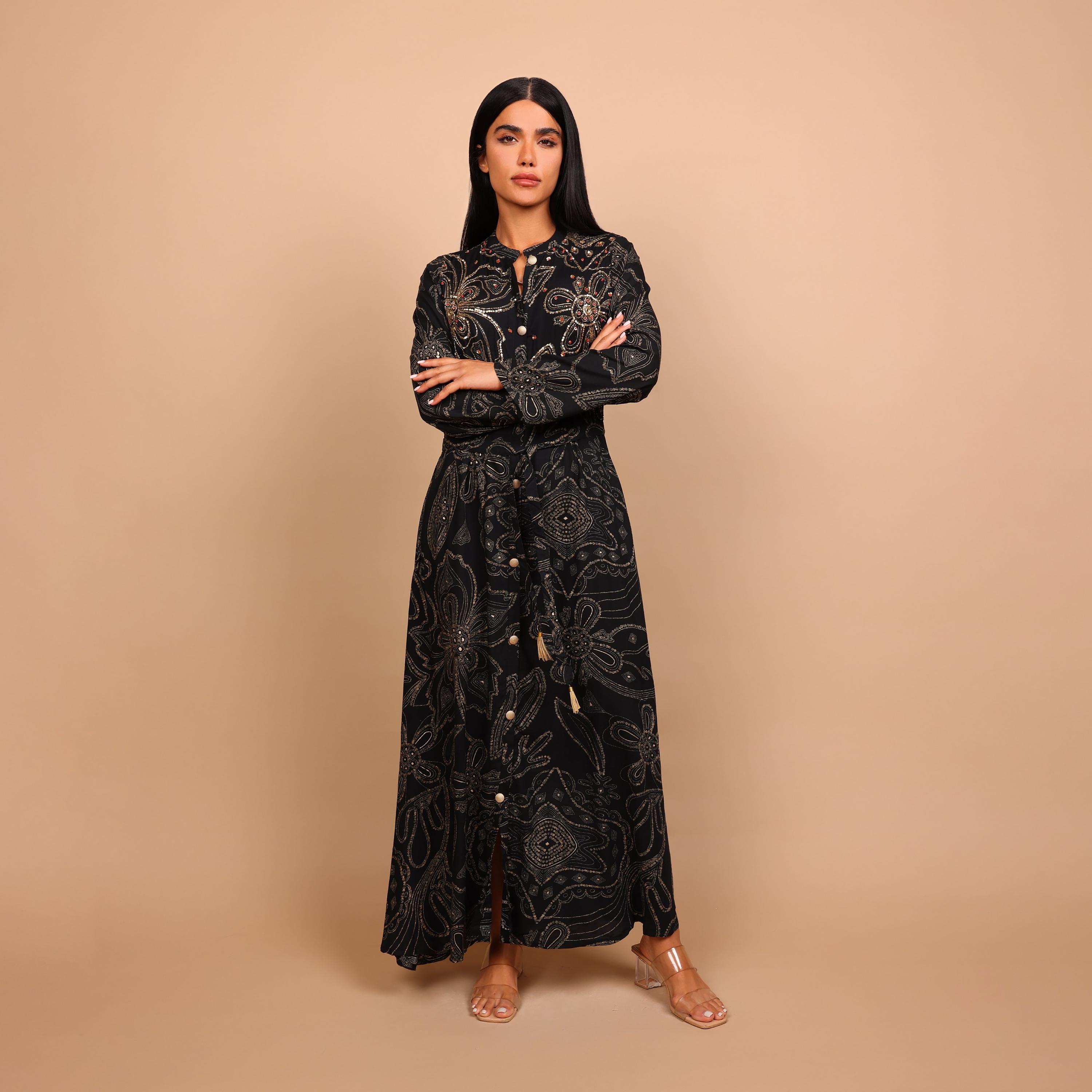 IKKXA Geometric Print & Beaded Mandarin Collar Women's Fit and Flared Jalabiya-women-arabicclothing-jalabiyas-image-2