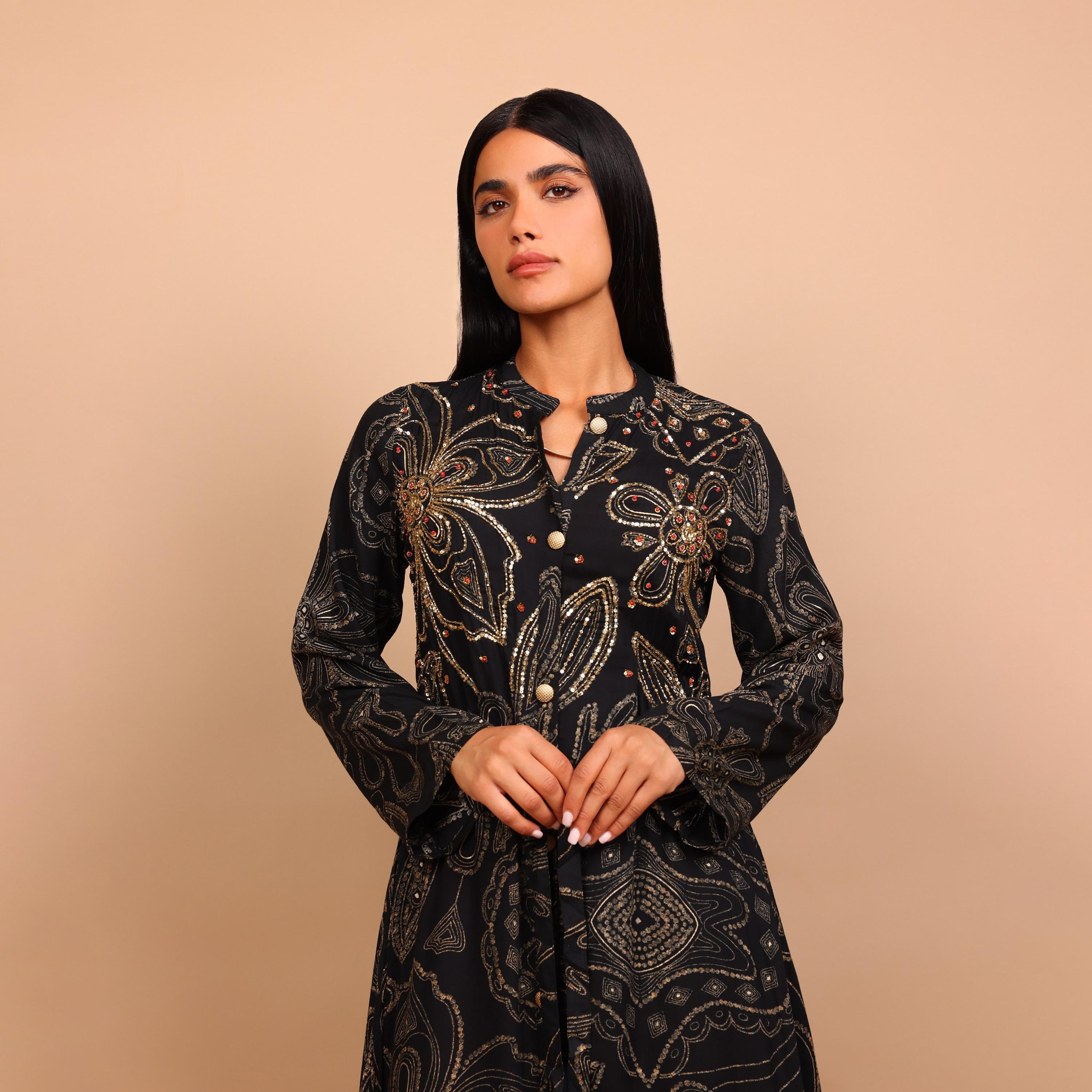 IKKXA Geometric Print & Beaded Mandarin Collar Women's Fit and Flared Jalabiya-women-arabicclothing-jalabiyas-image-3