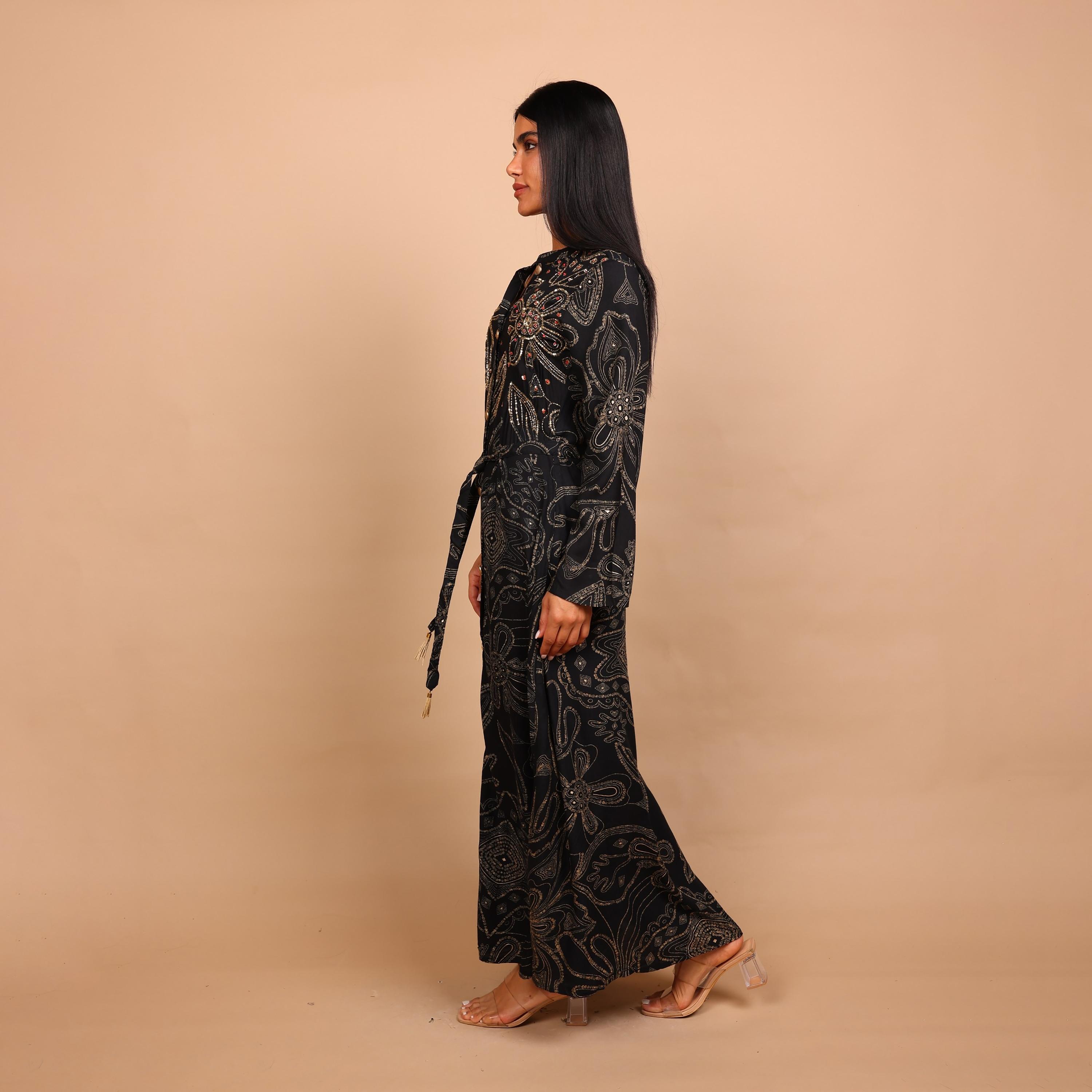 IKKXA Geometric Print & Beaded Mandarin Collar Women's Fit and Flared Jalabiya-women-arabicclothing-jalabiyas-image-4