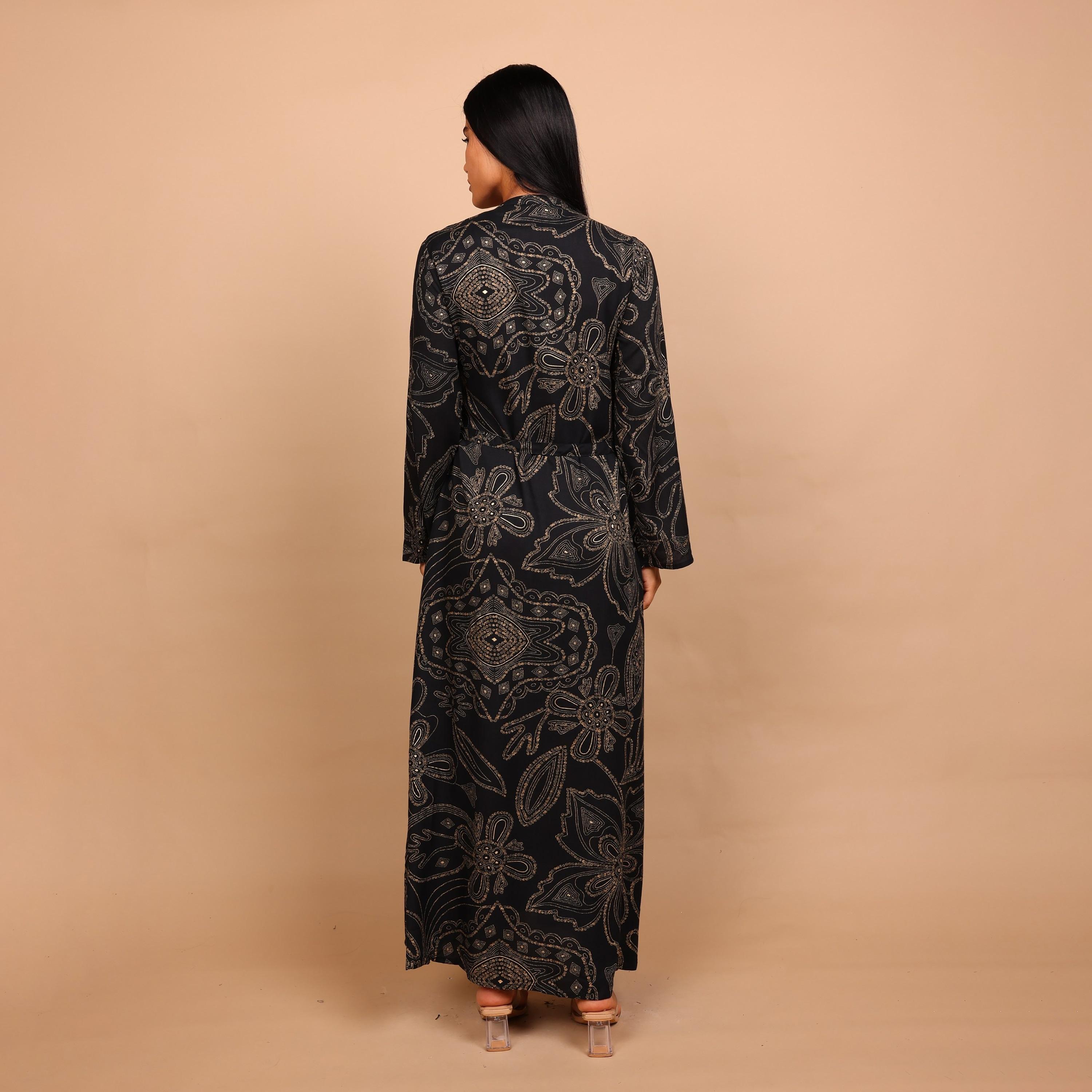 IKKXA Geometric Print & Beaded Mandarin Collar Women's Fit and Flared Jalabiya-women-arabicclothing-jalabiyas-image-5