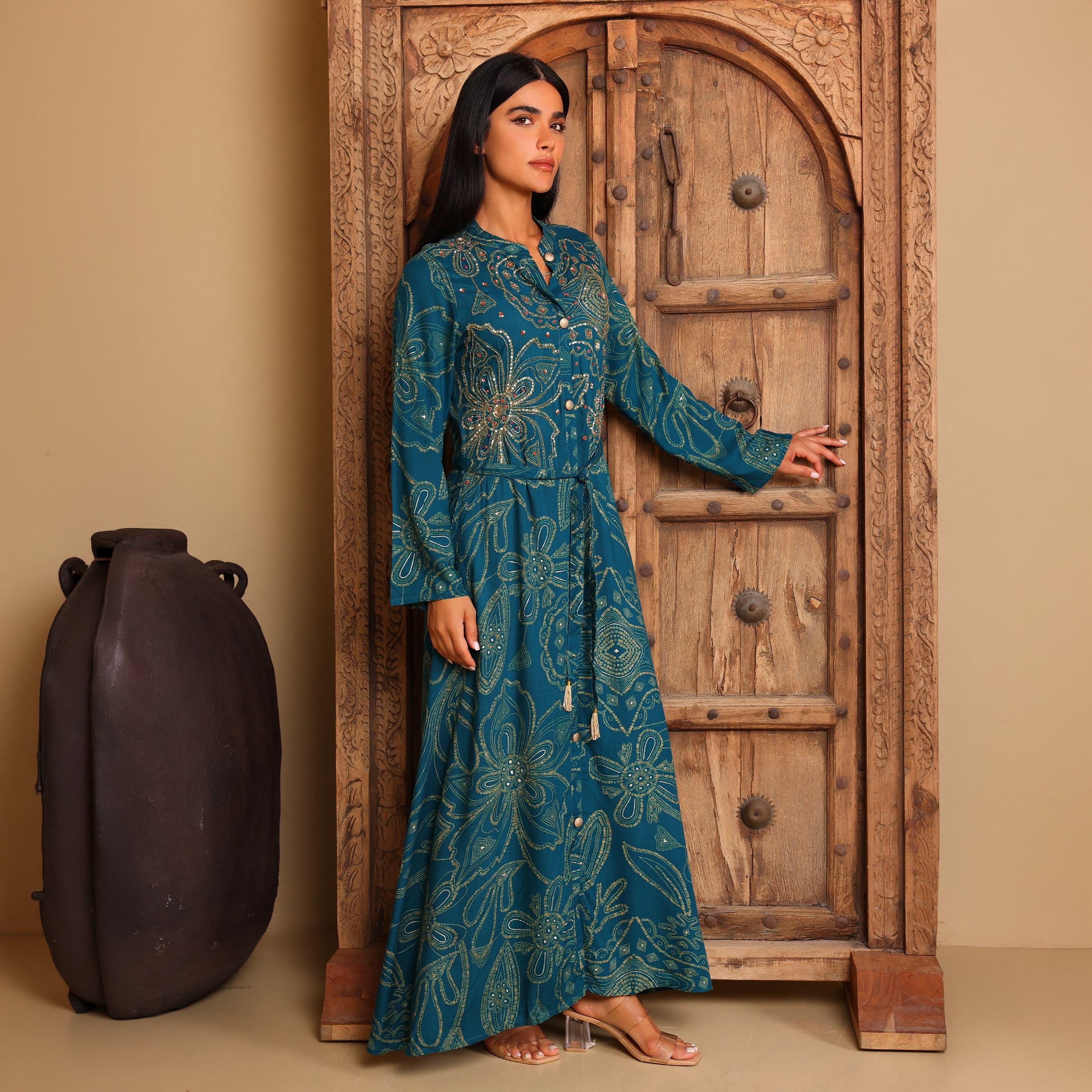 IKKXA Geometric Print & Beaded Mandarin Collar Women's Fit and Flared Jalabiya-women-arabicclothing-jalabiyas-image-6
