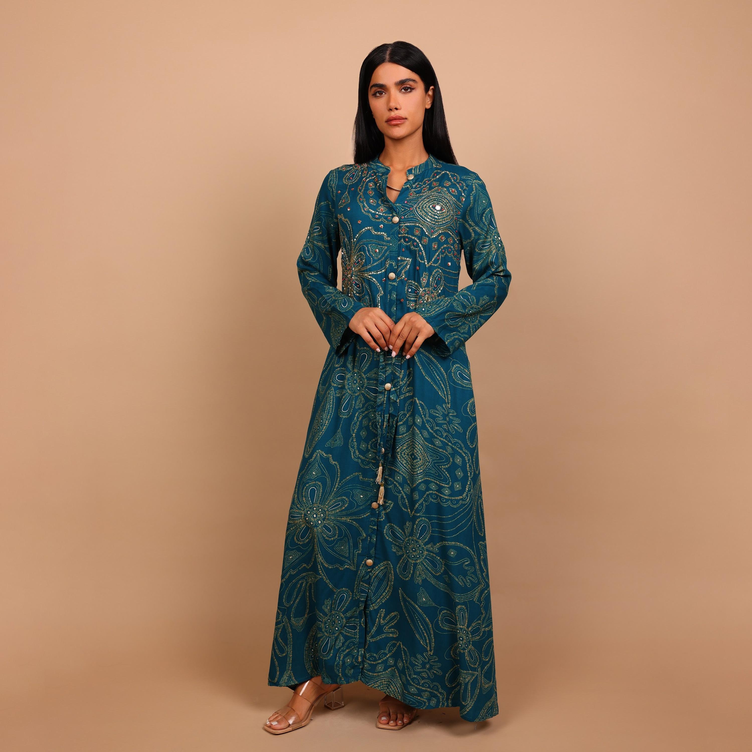 IKKXA Geometric Print & Beaded Mandarin Collar Women's Fit and Flared Jalabiya-women-arabicclothing-jalabiyas-image-7